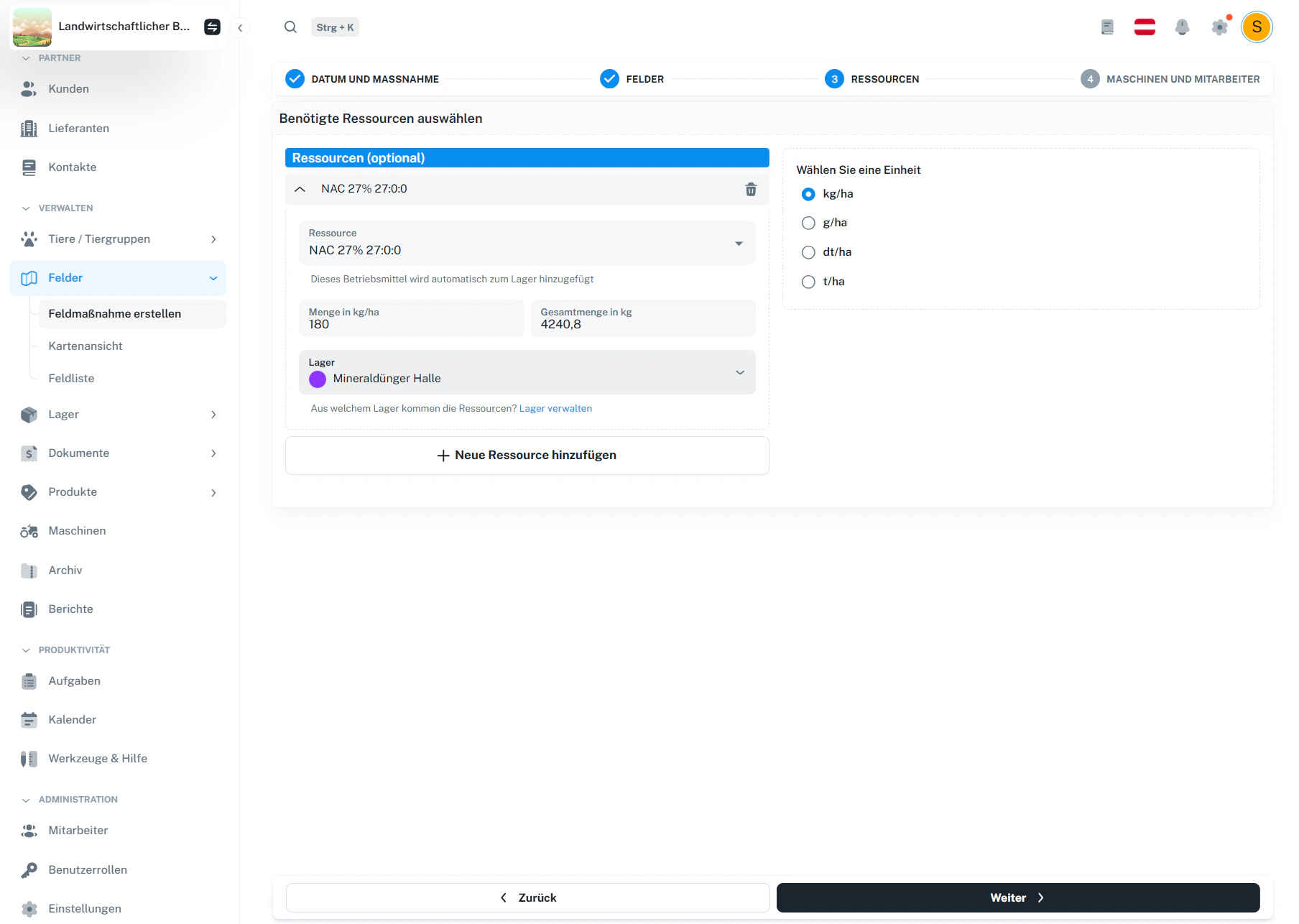 Schritt 3 – Ressourcen buchen (Beispiel Mineraldünger)
