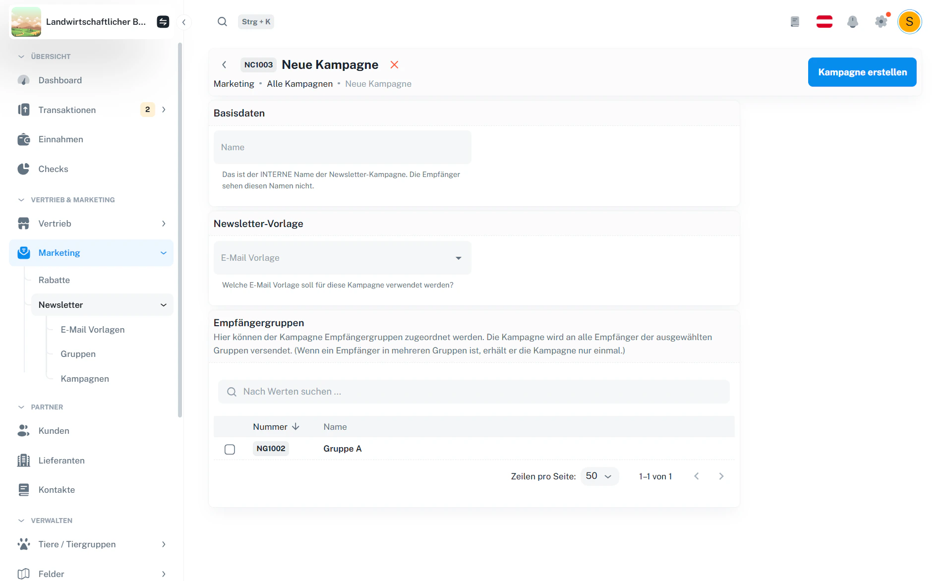 Kampagne erstellen – Basisdaten, Vorlage und Empfängergruppen