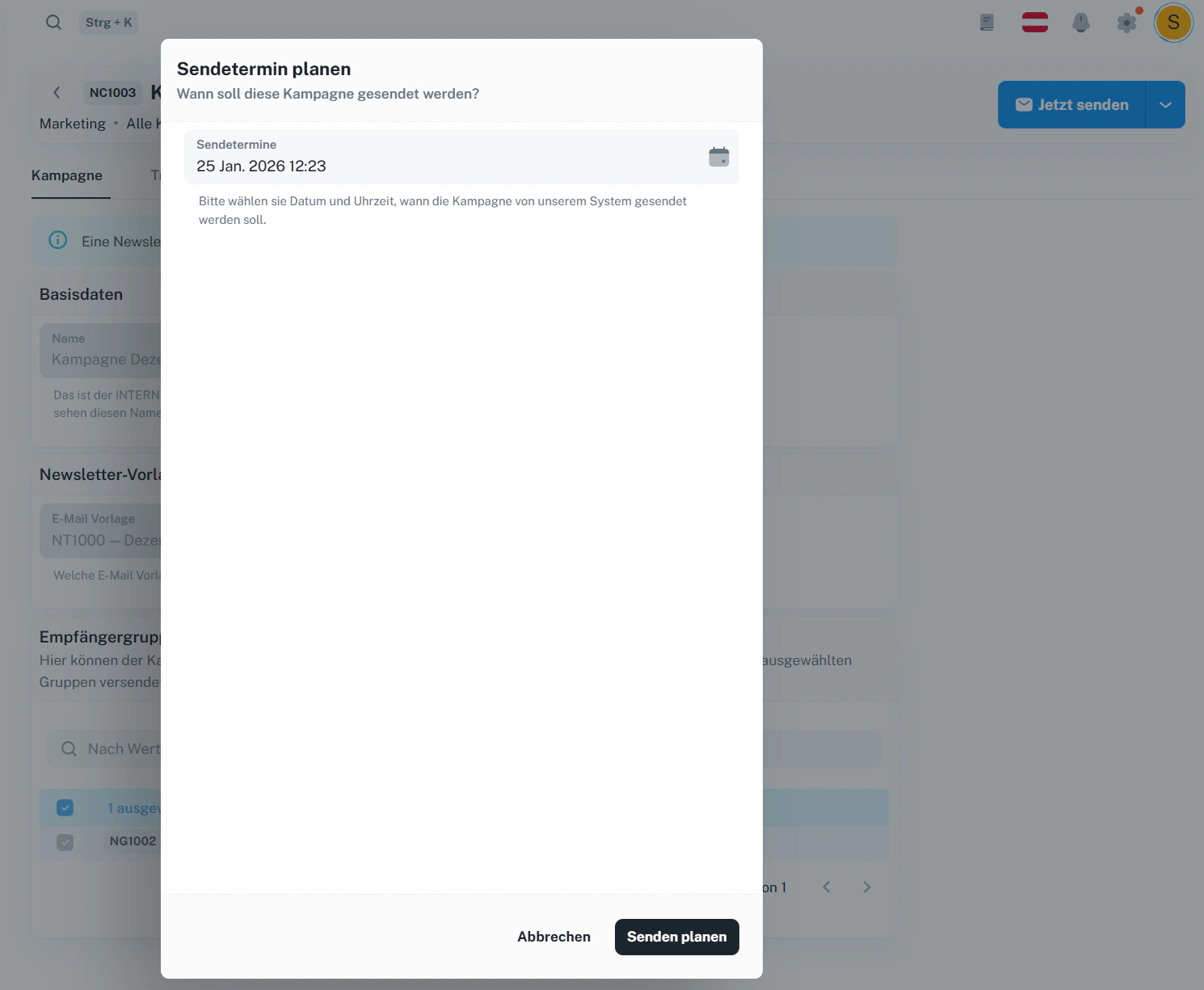 Sendetermin planen – Datum und Uhrzeit auswählen