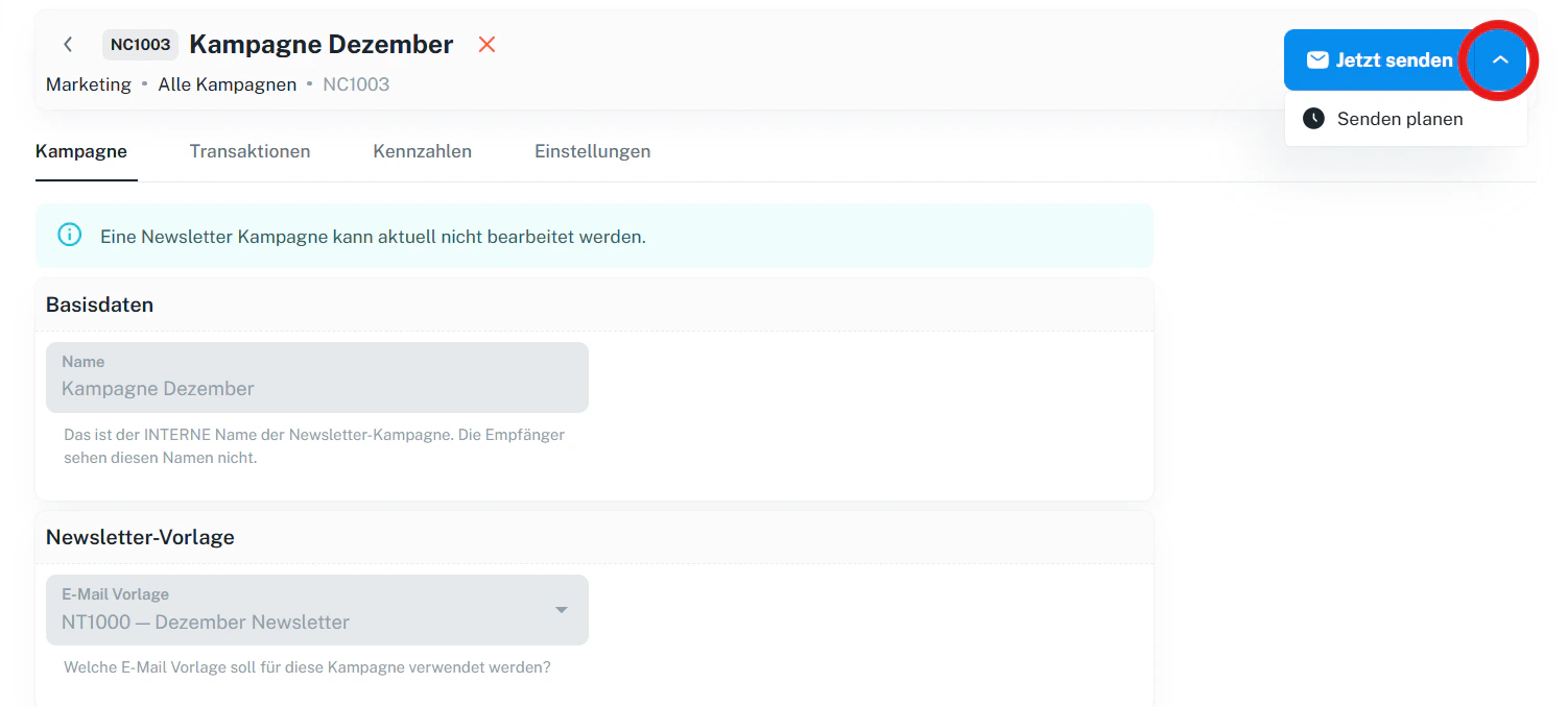 Kampagne senden – Button „Jetzt senden“ mit Pfeil zum Aufklappen