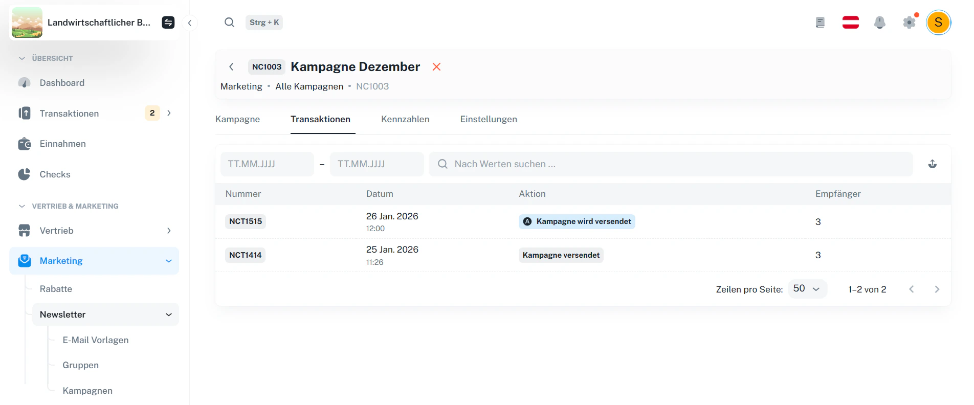 Kampagne – Transaktionen / Versandprotokoll