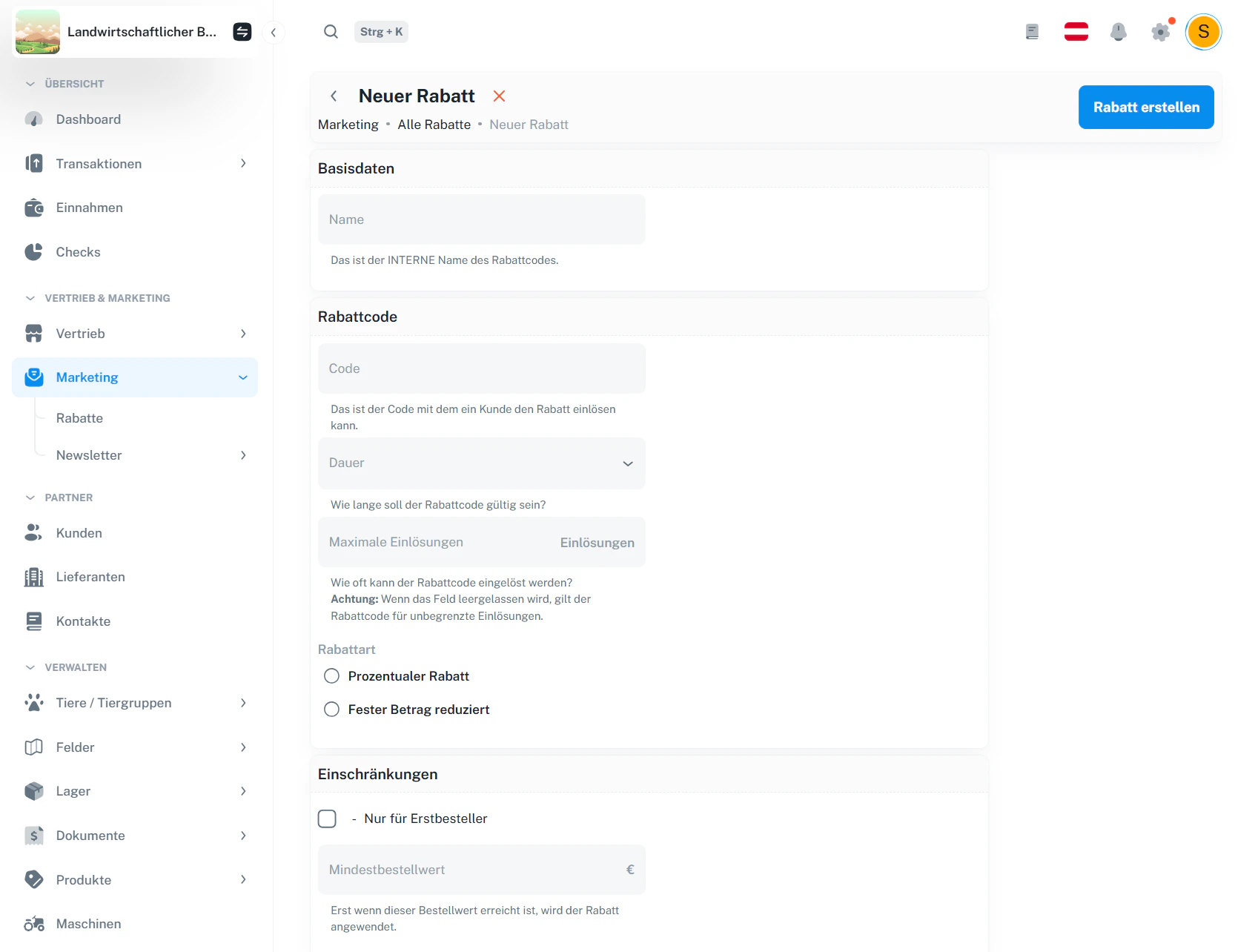 Rabatt erstellen – Basisdaten, Code, Dauer, Einlösungen, Rabattart und Einschränkungen
