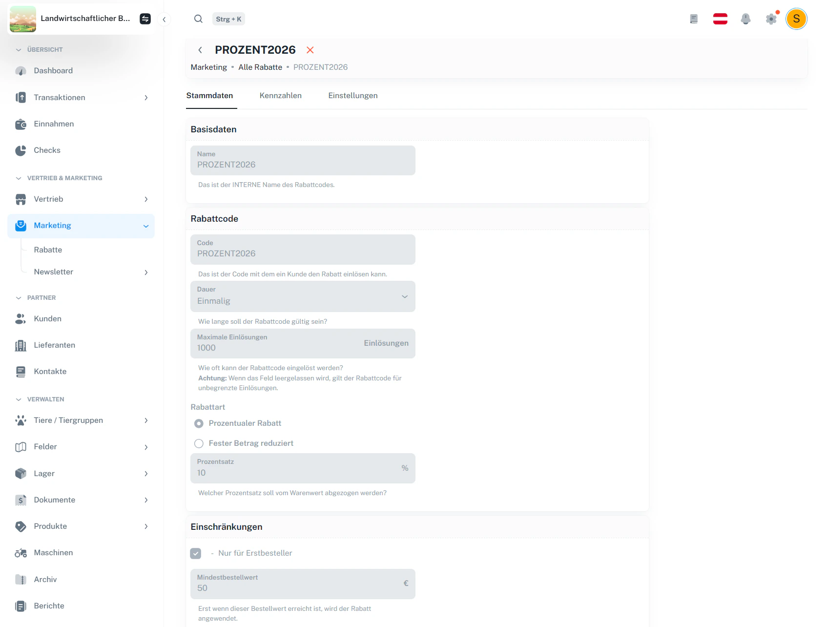 Rabatt – Detailansicht (Stammdaten)