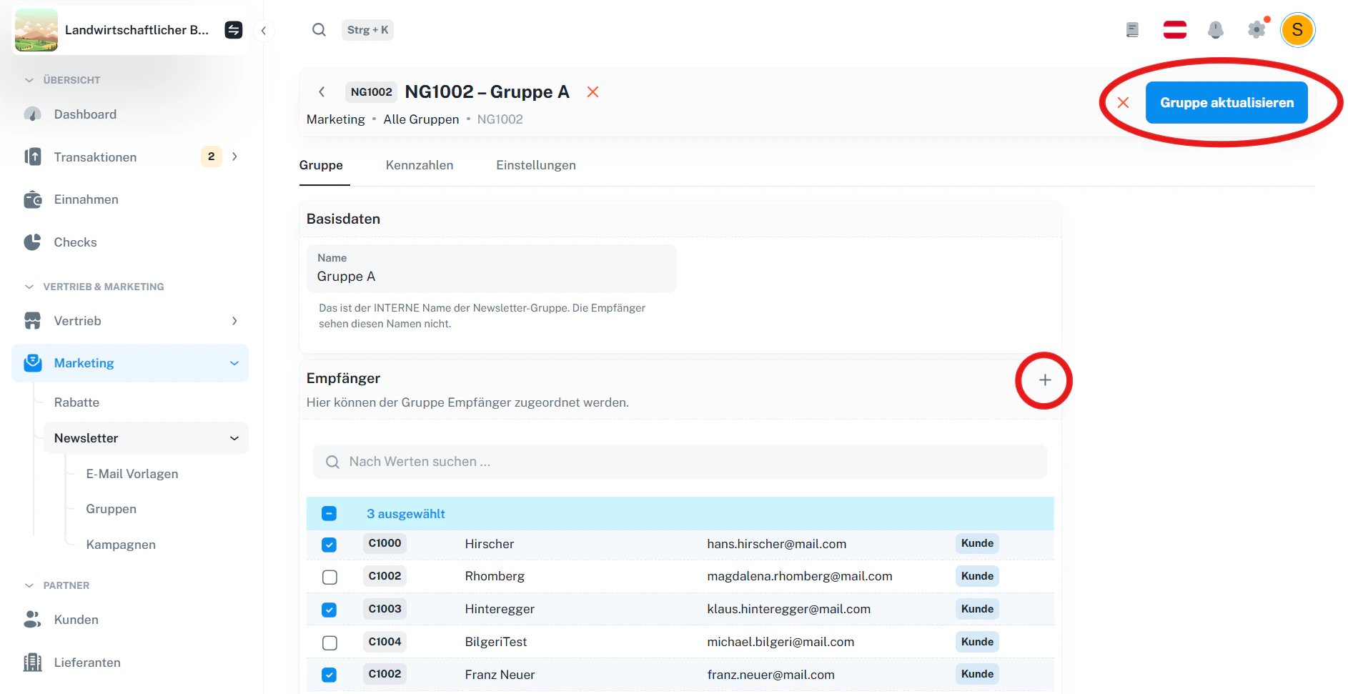 Gruppen-Detail (bearbeitbar) – Button „Gruppe aktualisieren“