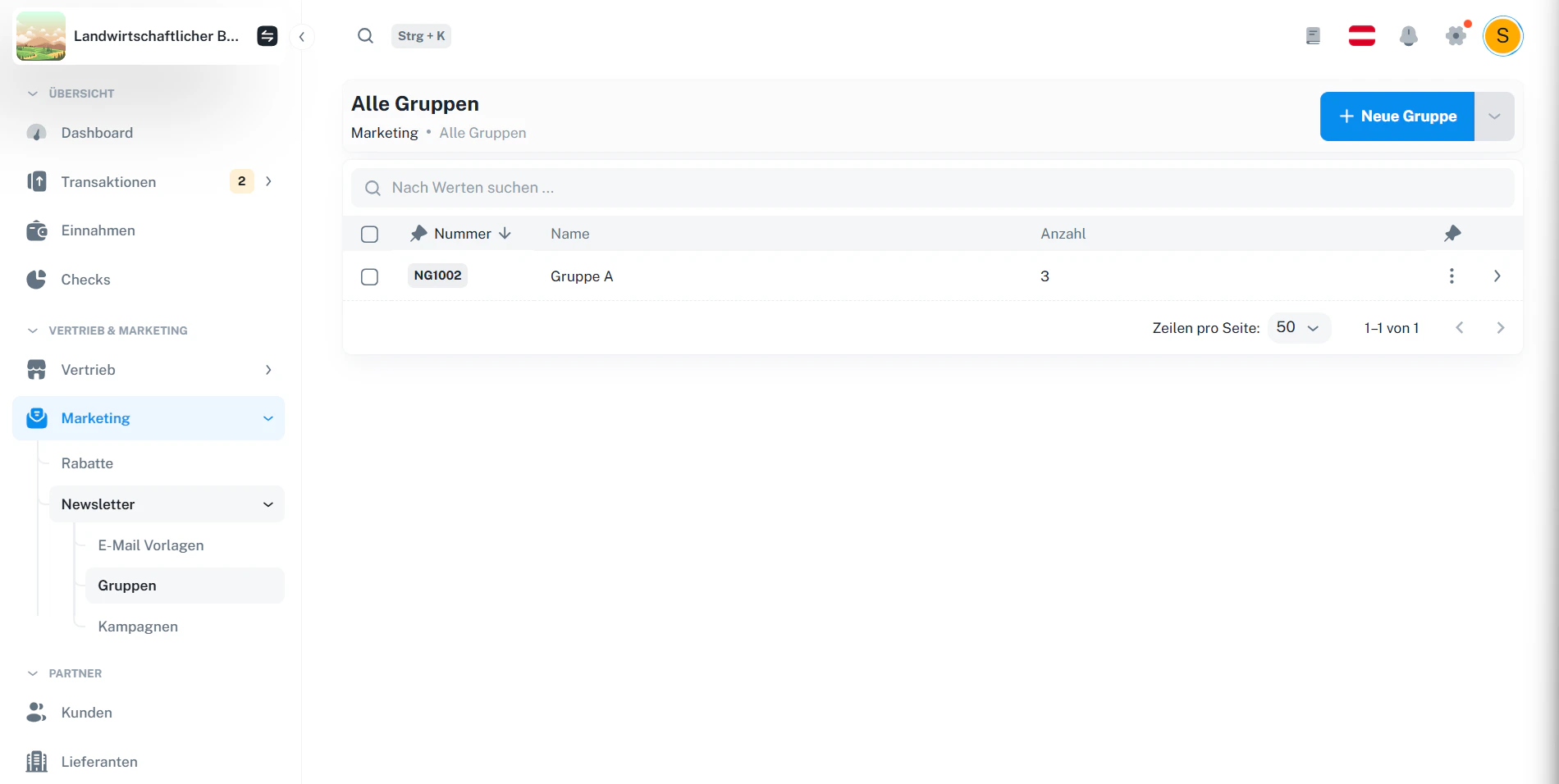 Gruppen – Übersicht mit Suche, Tabelle und Button „Neue Gruppe“