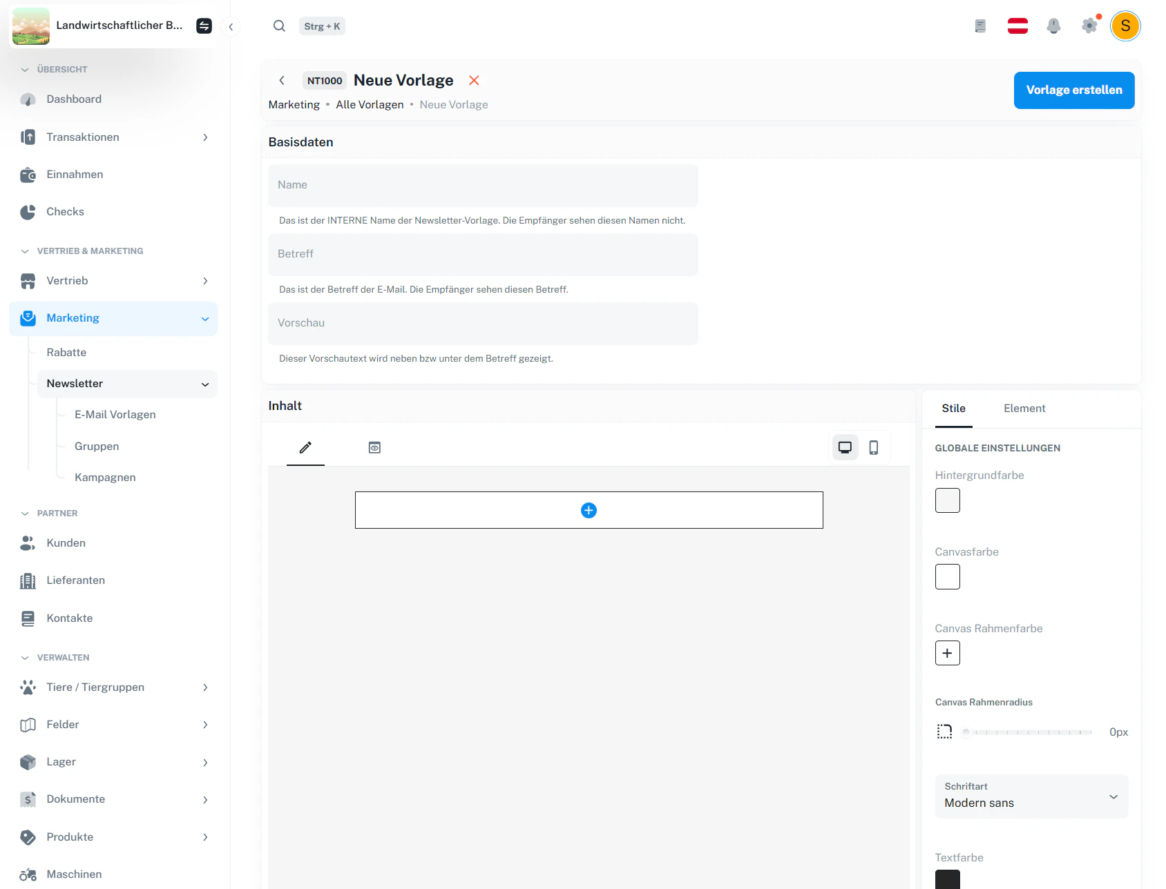 Neue Vorlage – Basisdaten und Editor