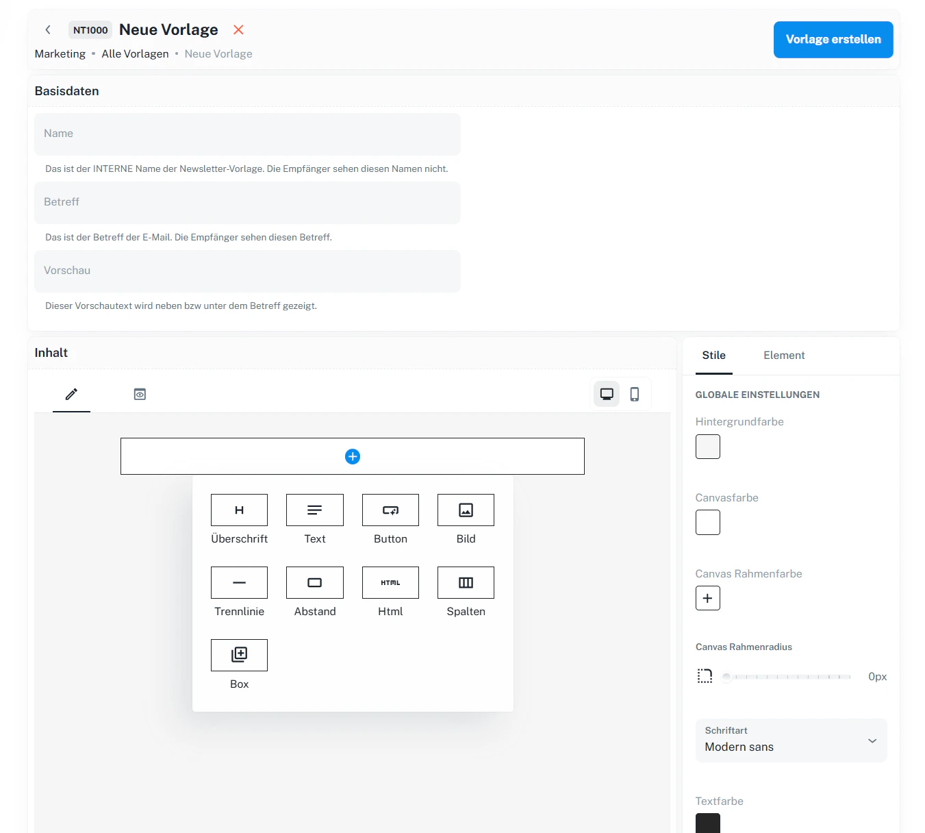 Baustein-Auswahl – Elemente hinzufügen
