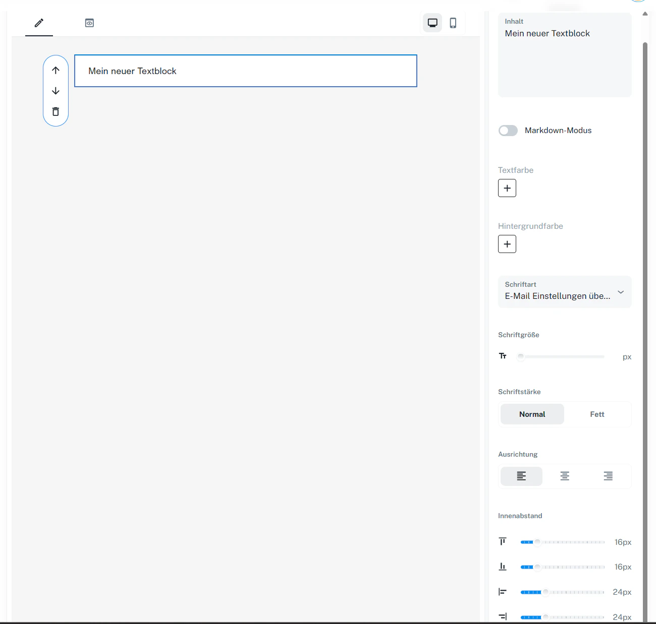 Baustein Text – Einstellungen