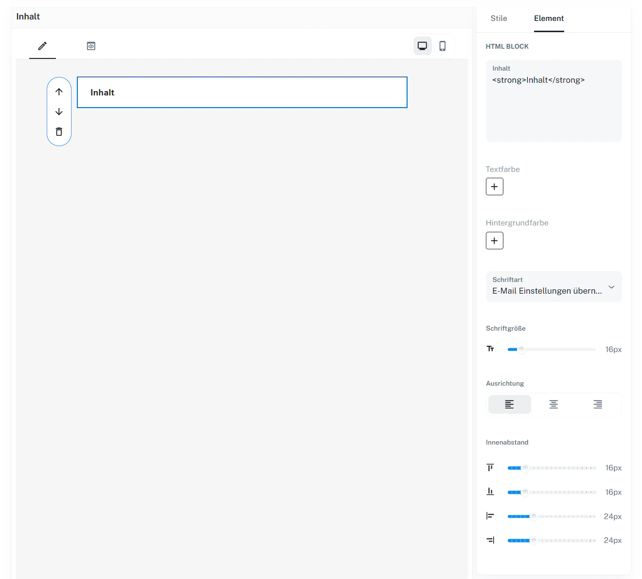 Baustein HTML – Einstellungen