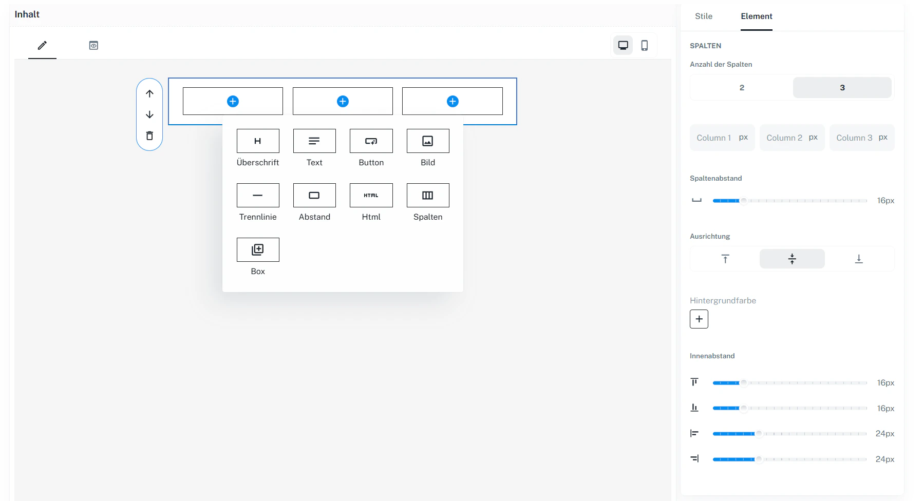 Baustein Spalten – Einstellungen