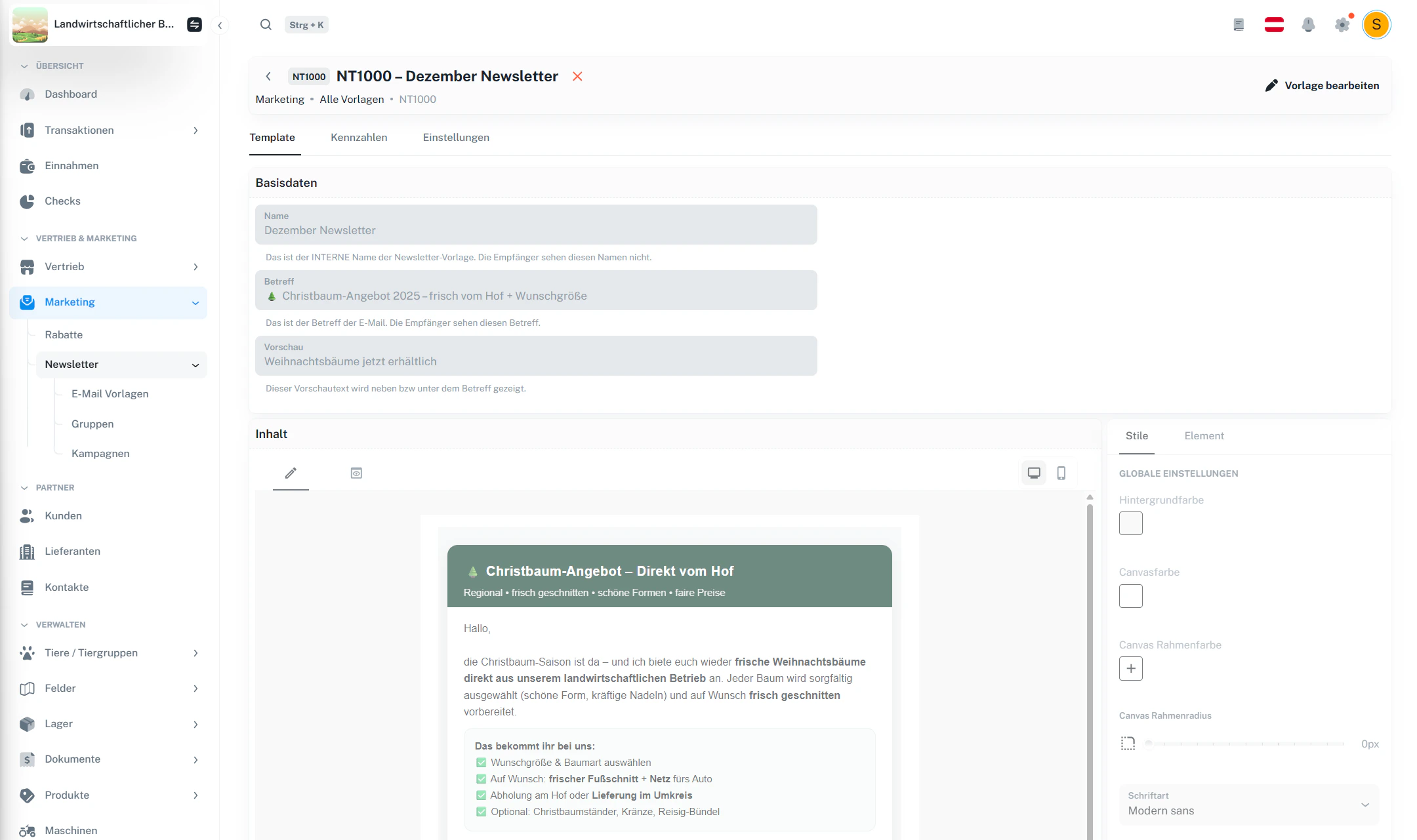 Vorlagen-Detail – gesperrt (Vorlage bearbeiten)