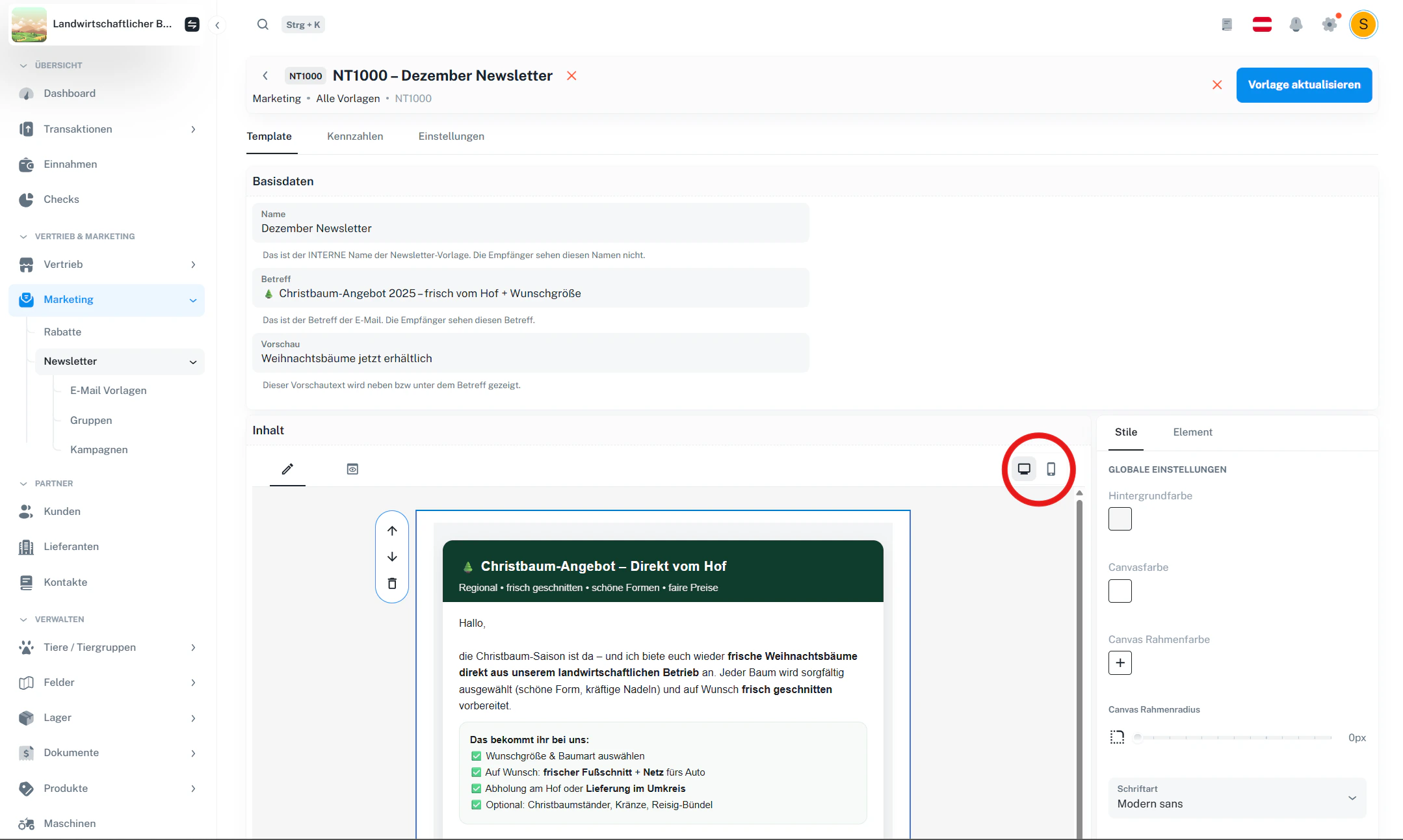 Vorlagen-Detail – bearbeitbar (Vorlage aktualisieren) mit Desktop/Mobile Umschalter