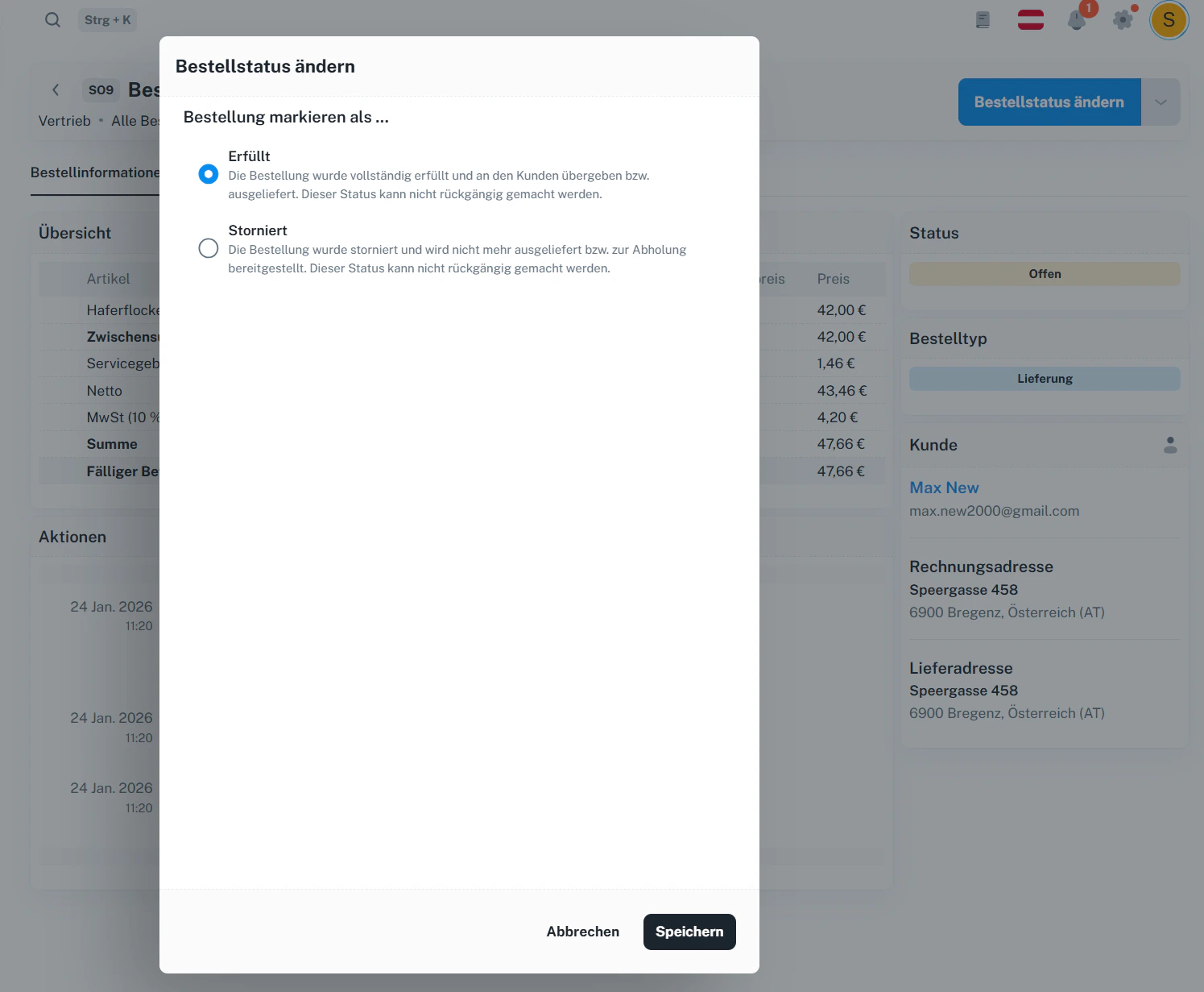 Bestellstatus ändern – Dialog