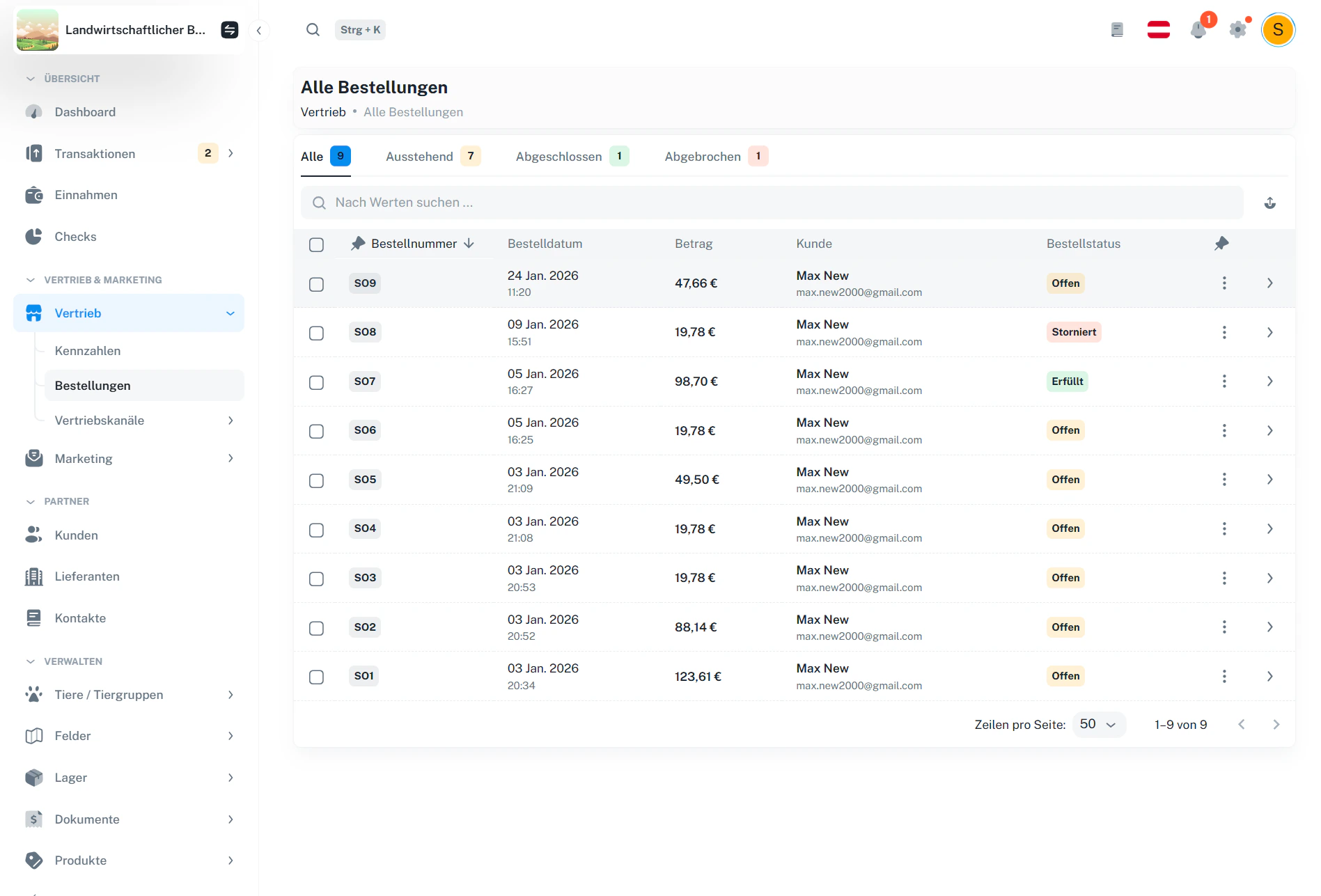Bestellungen – Übersicht mit Tabs und Tabelle