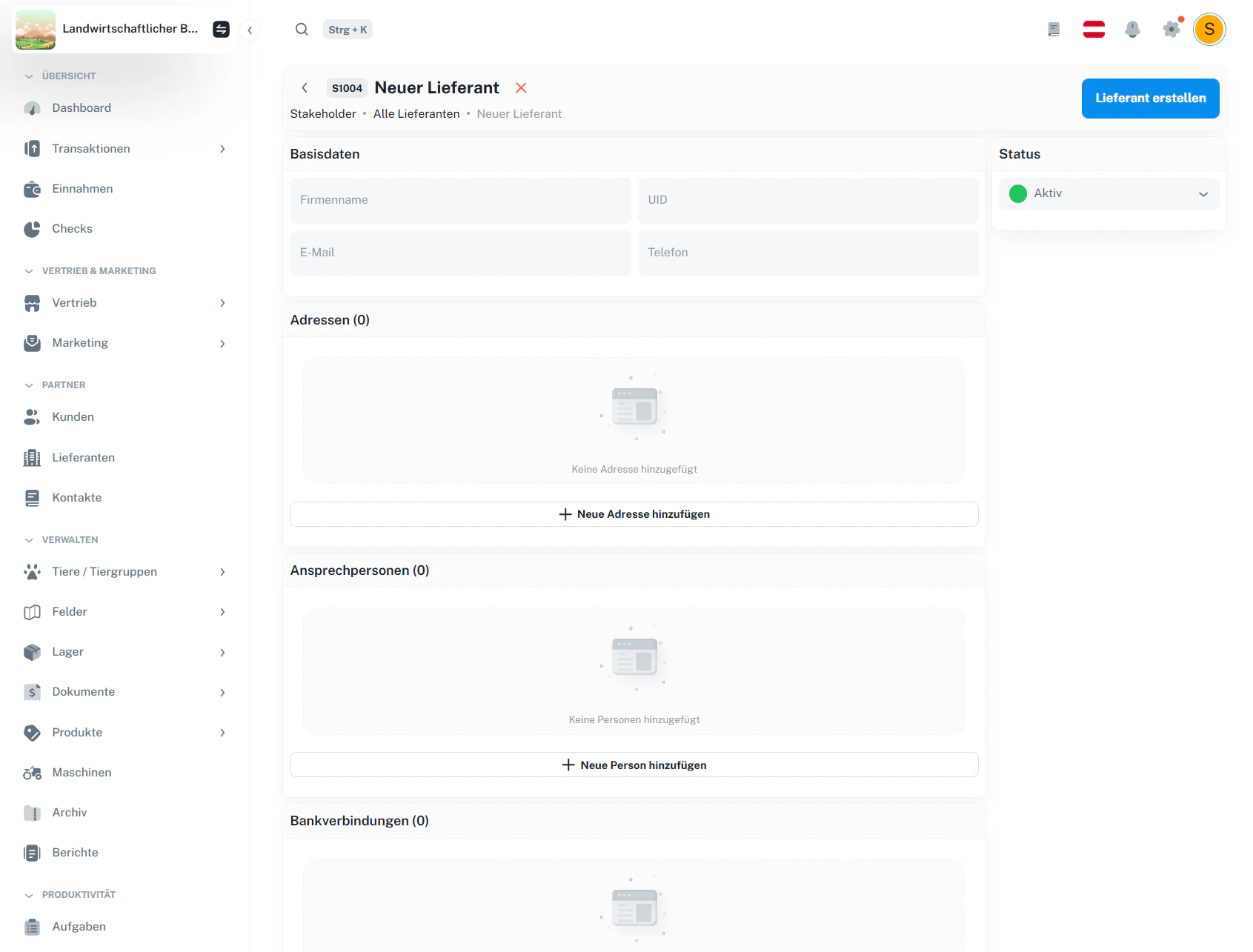 Lieferanten – Neuer Lieferant anlegen