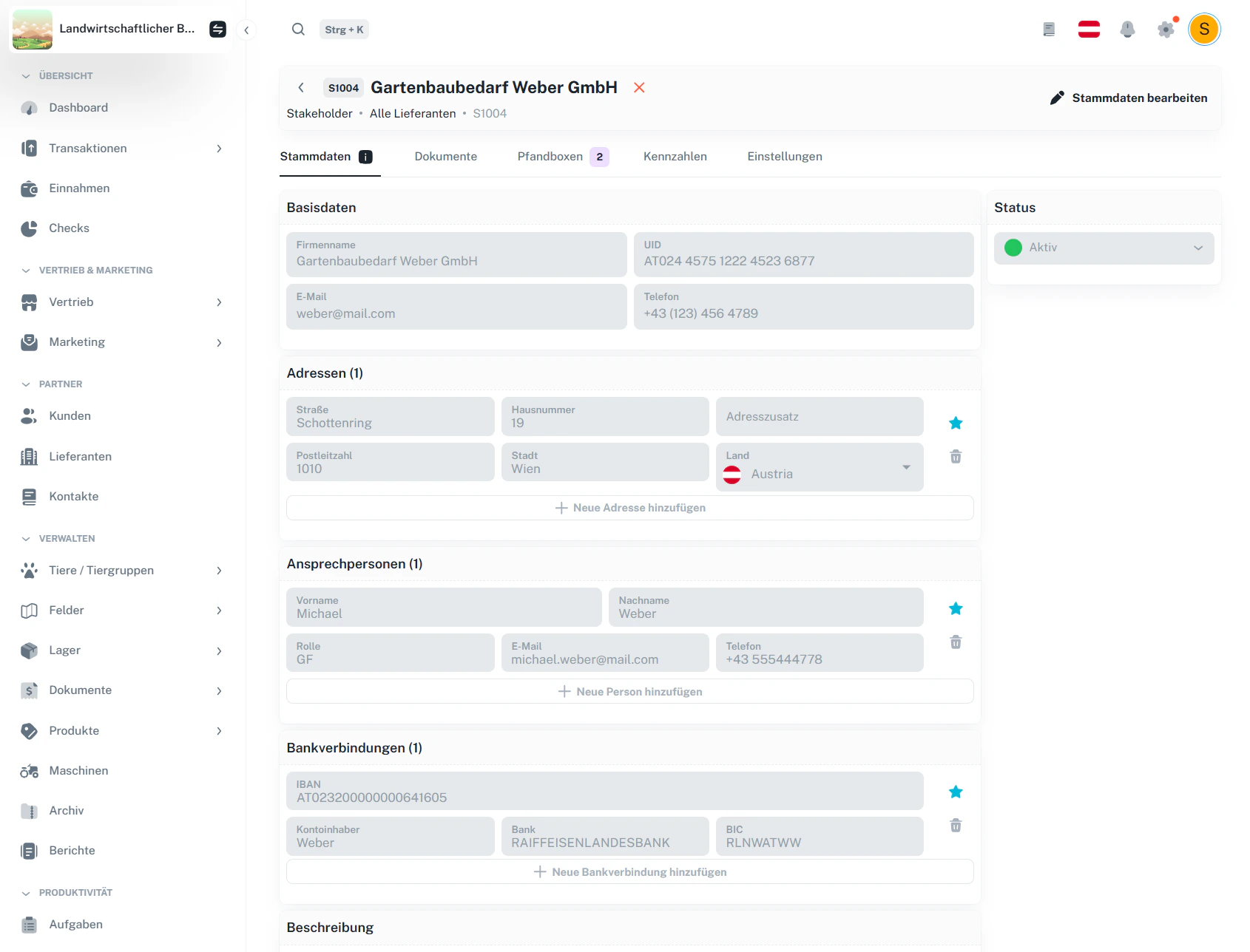 Lieferanten – Detailansicht (Stammdaten)