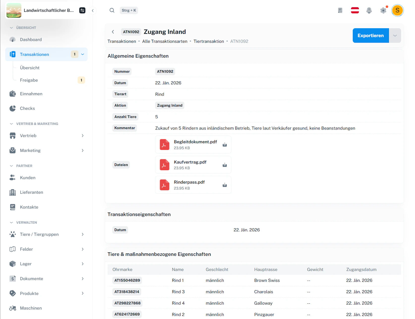 Detailansicht einer Transaktion (einzeln exportieren über „Exportieren“ oben rechts)