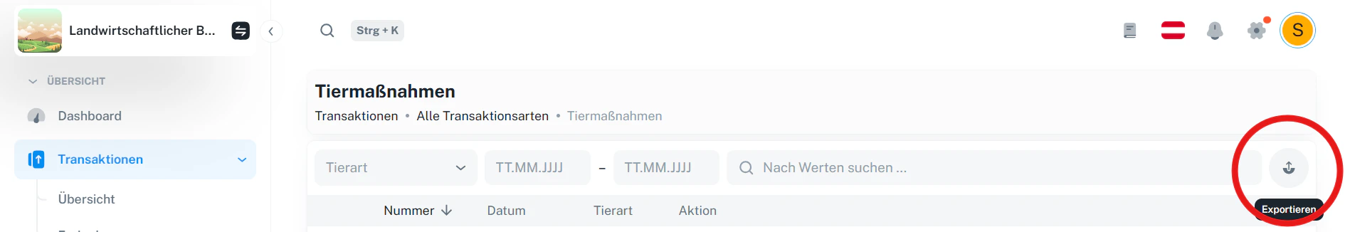 Export-Symbol in der Transaktionen-Übersicht