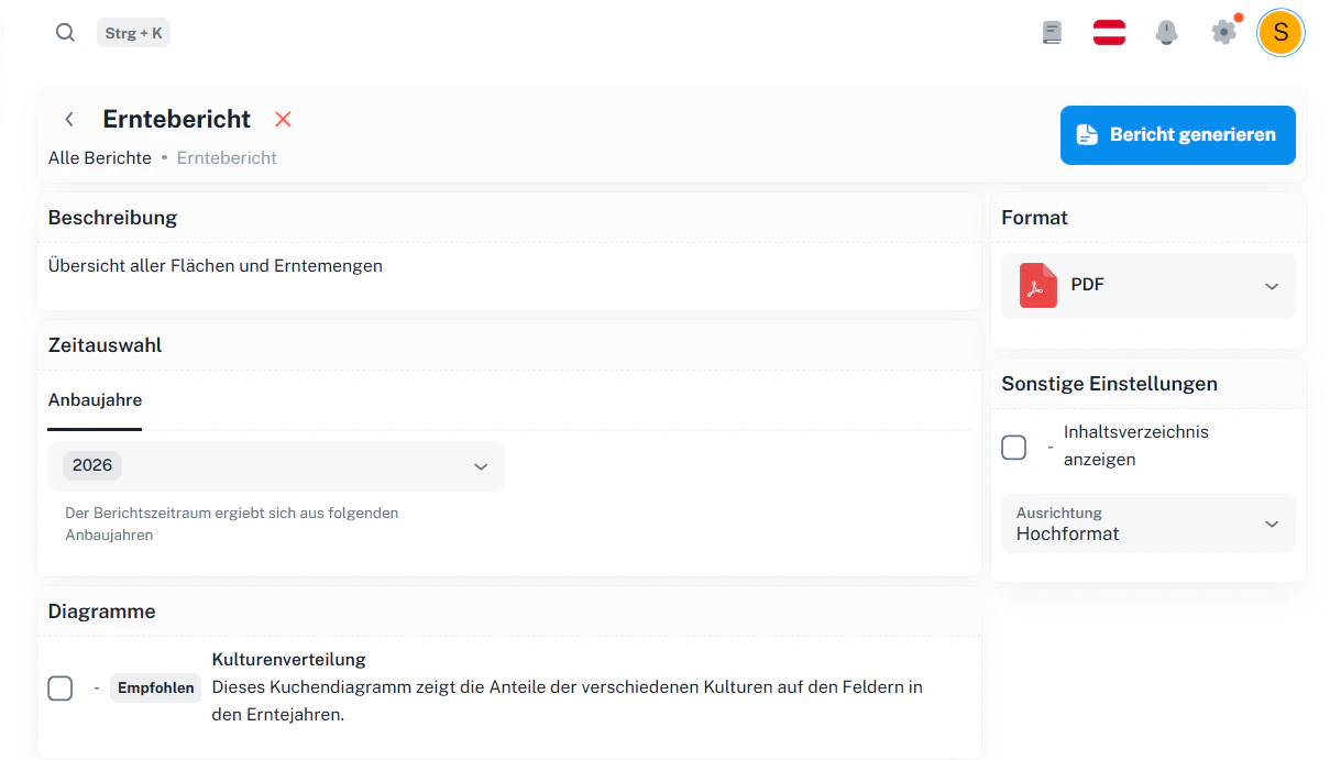 Bericht konfigurieren – Beispiel (Erntebericht mit optionalen Diagrammen)
