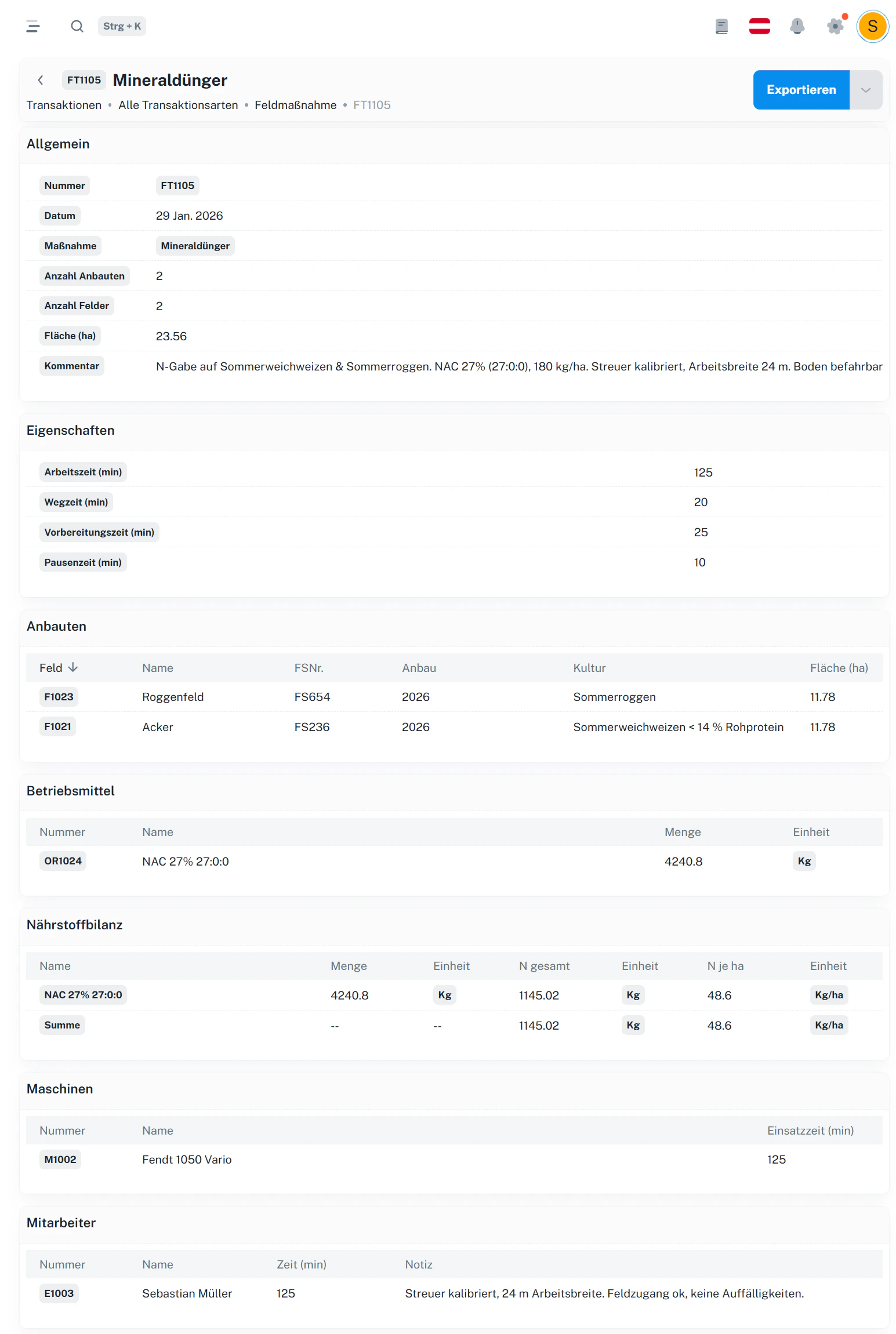 Transaktionsdetail – Allgemein, Eigenschaften, Anbauten, Betriebsmittel