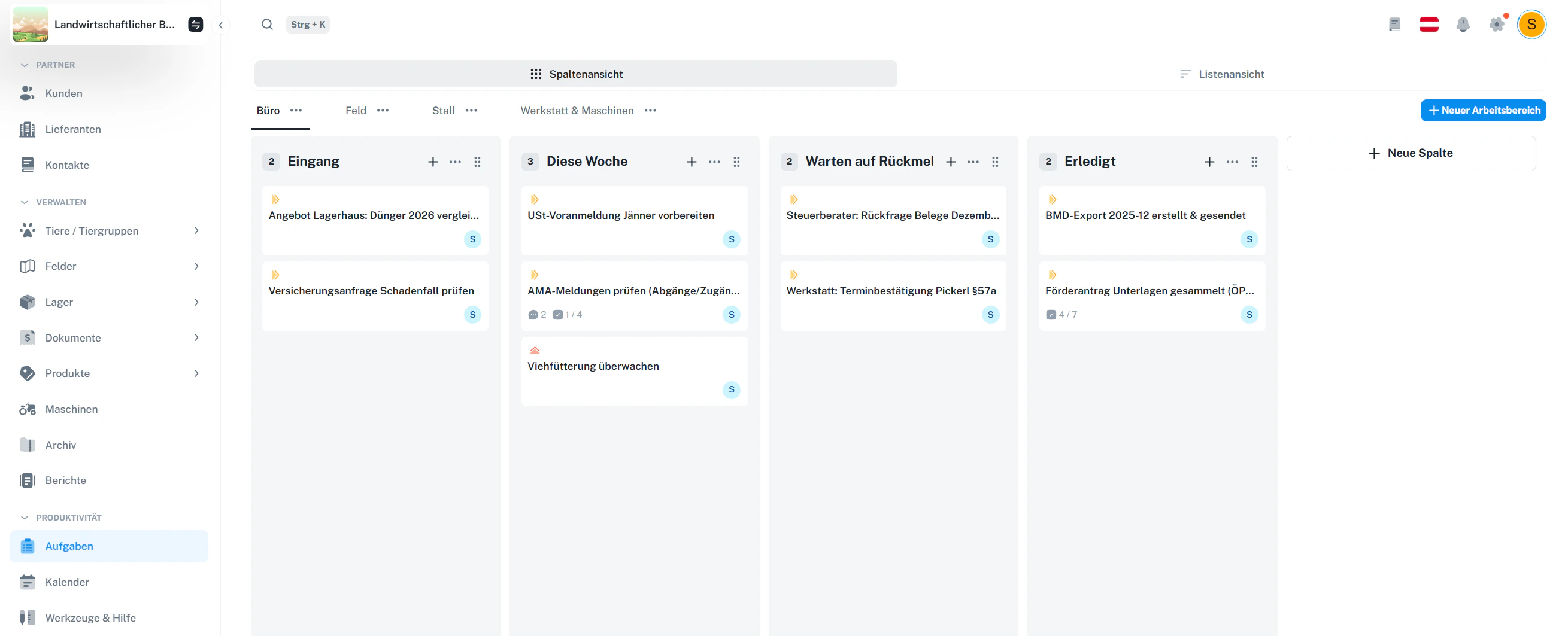 Aufgaben – Spaltenansicht (Kanban) mit Arbeitsbereichen und Spalten