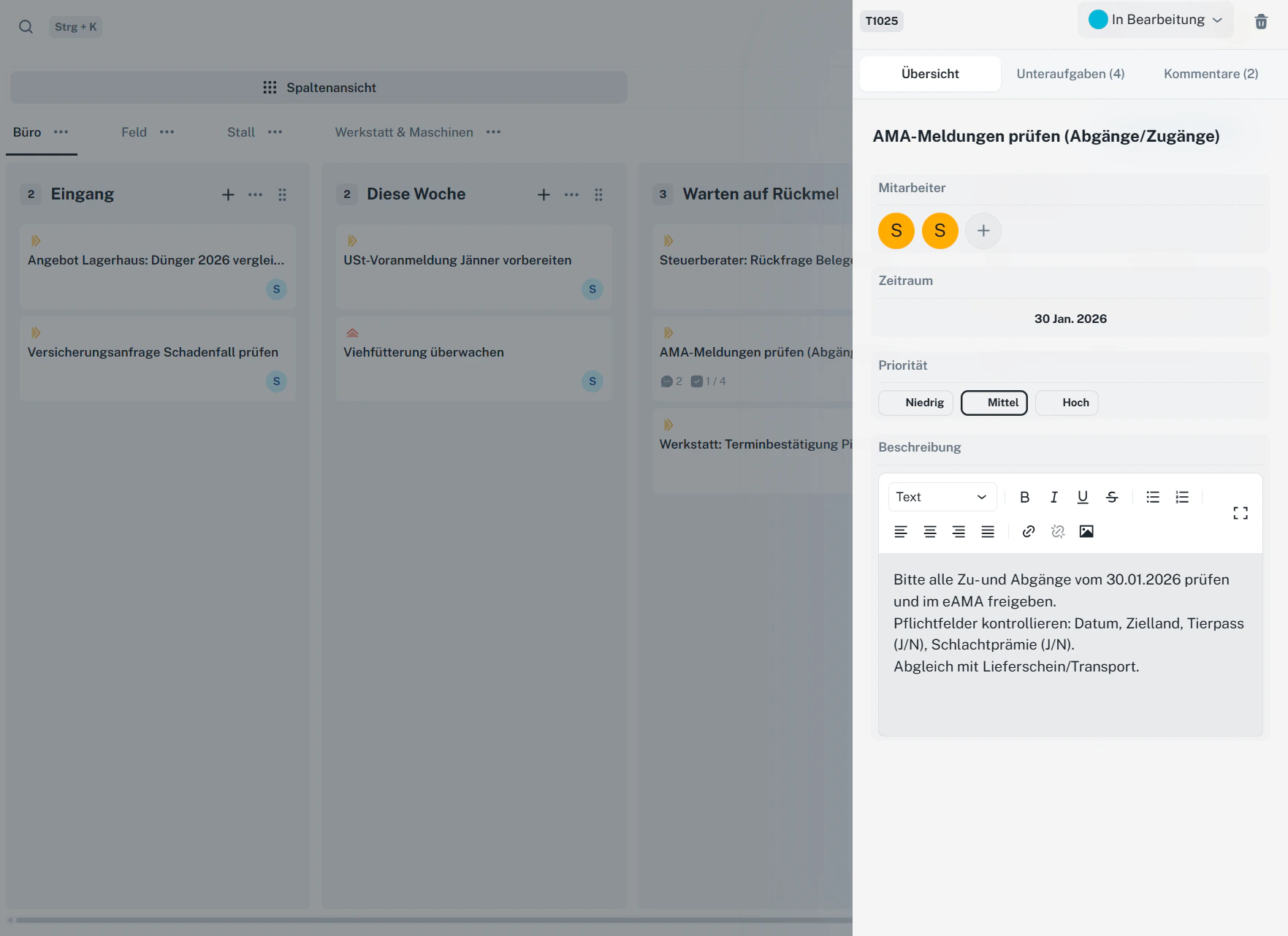 Aufgabe – Detailansicht (Übersicht) mit Priorität, Datum, Beschreibung und Mitarbeitern