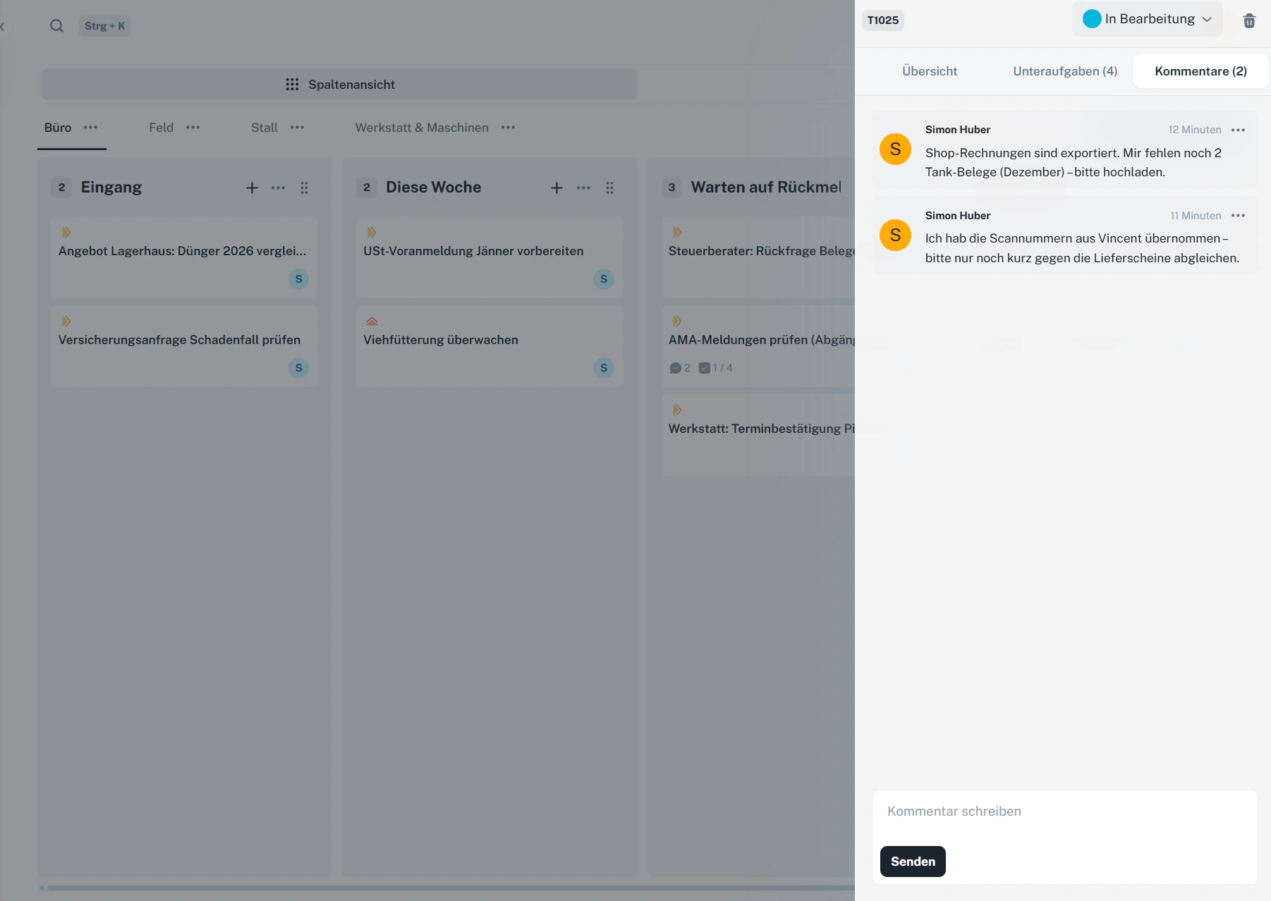 Aufgabe – Kommentare (Verlauf + Eingabefeld)