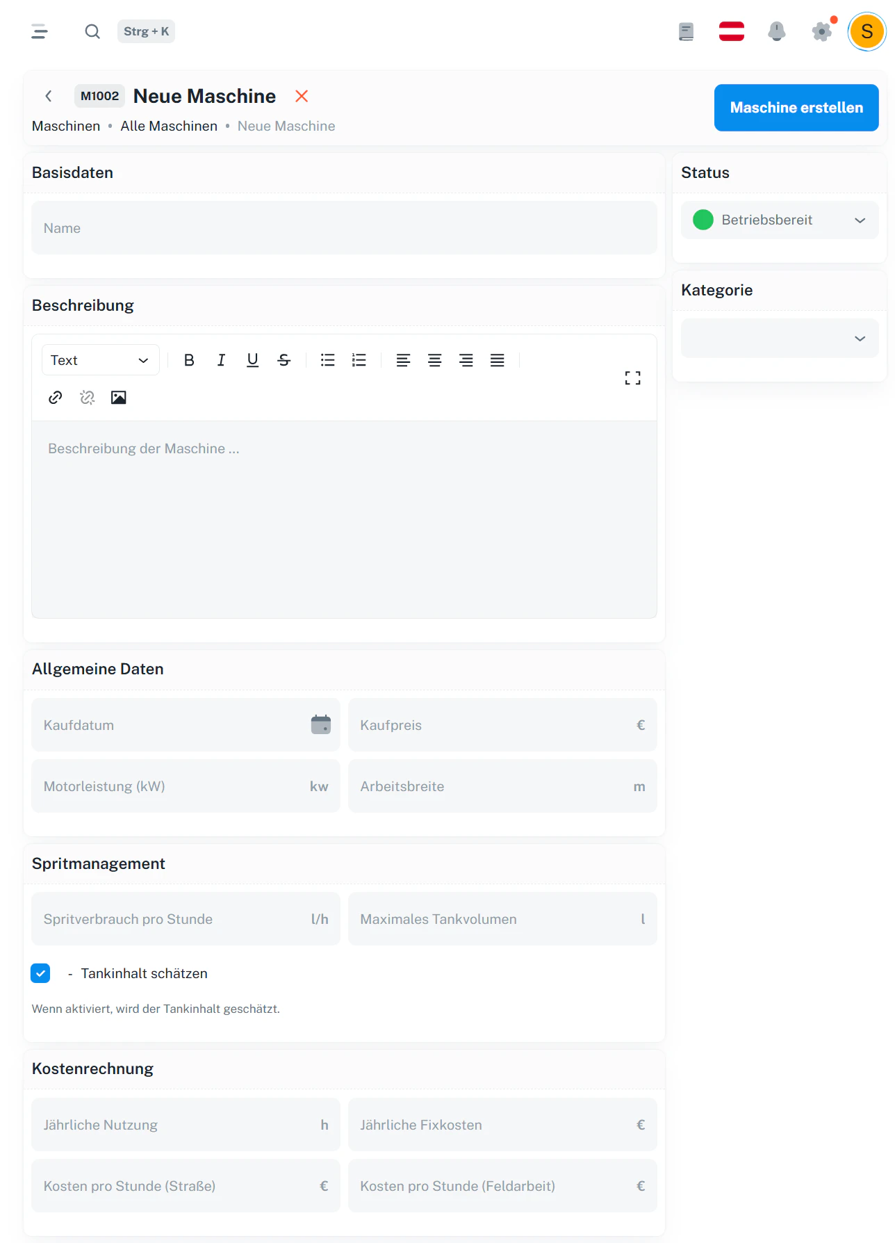 Neue Maschine – Formular