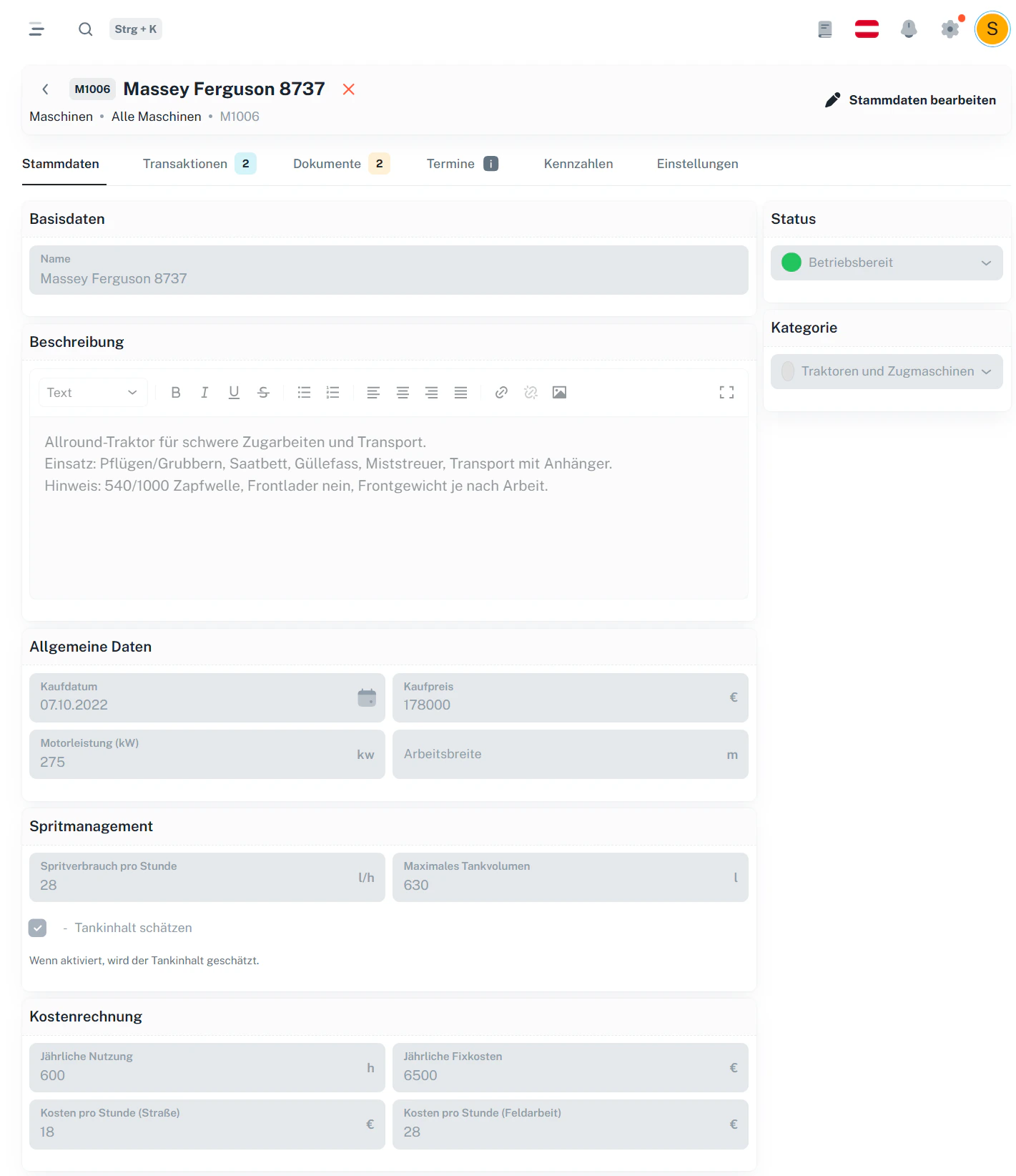Maschine – Detailansicht (Stammdaten, gesperrt)