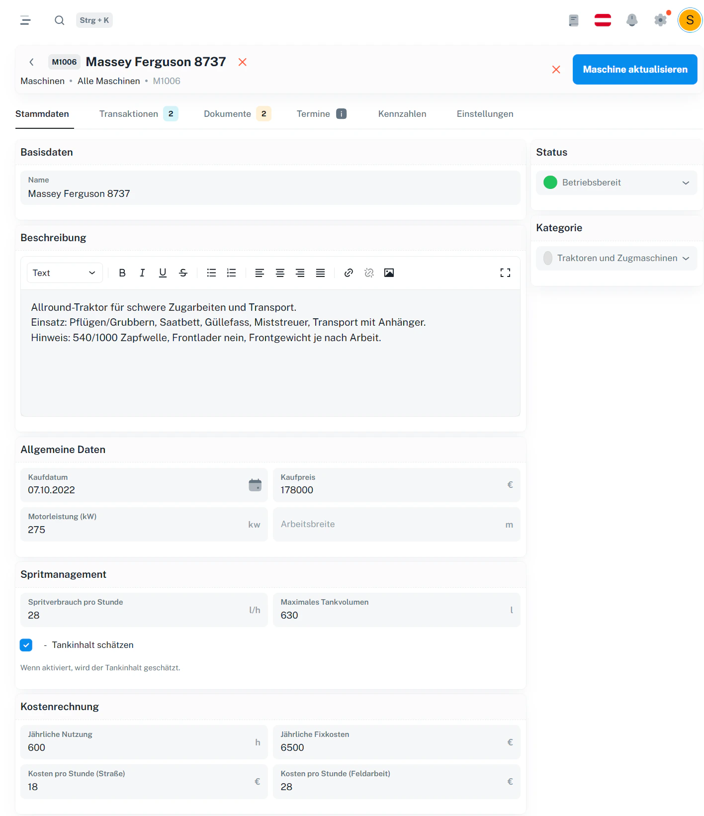 Maschine – Stammdaten bearbeiten (entsperrt)