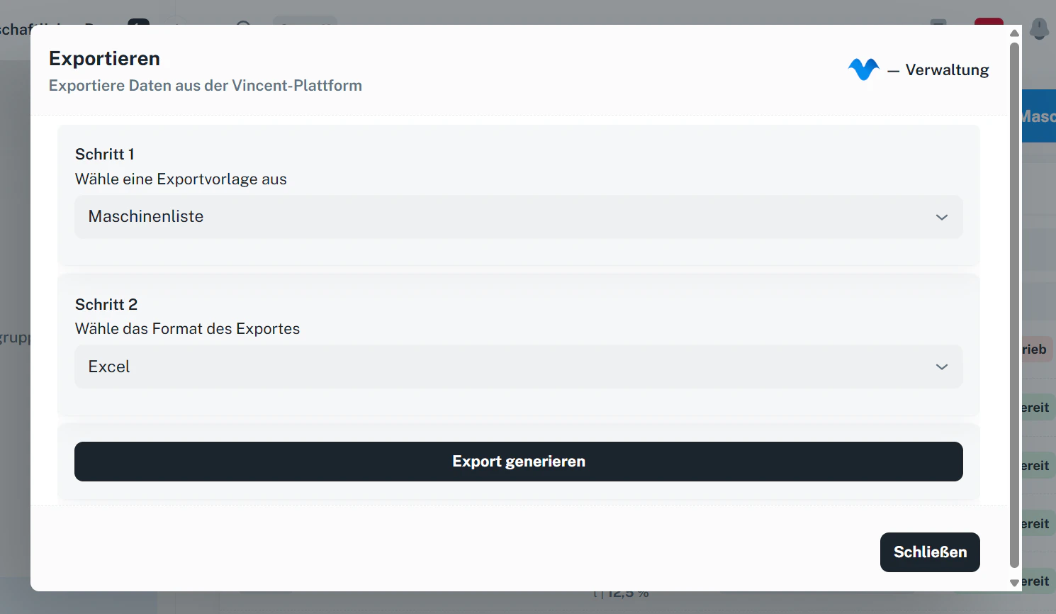 Maschinen – Exportdialog