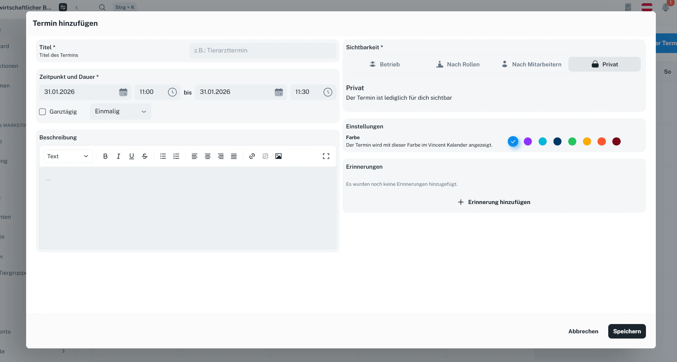 Termin hinzufügen – Maske