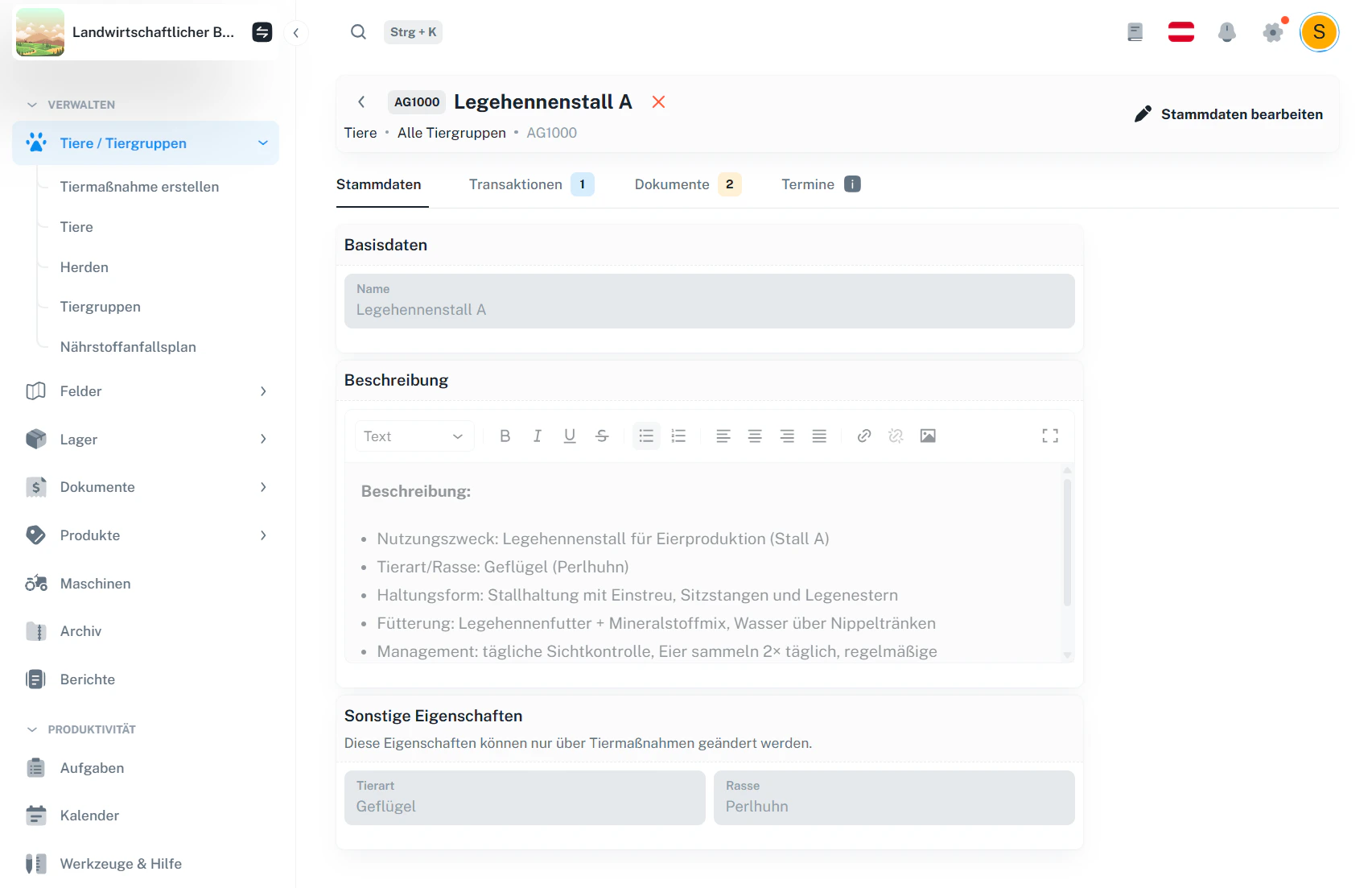 Tiergruppe – Detailansicht (Stammdaten)