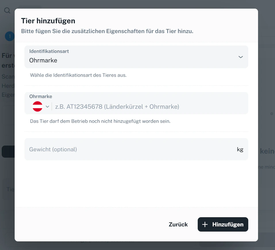 Tier hinzufügen – Ohrmarke & Gewicht