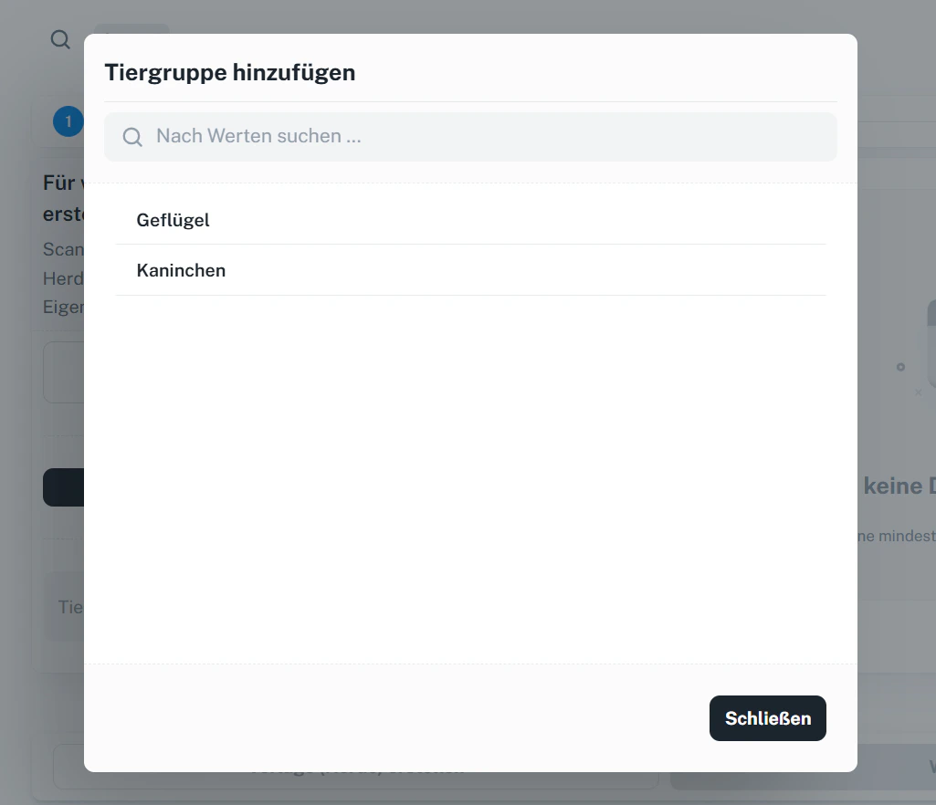 Tiergruppe hinzufügen – Auswahl