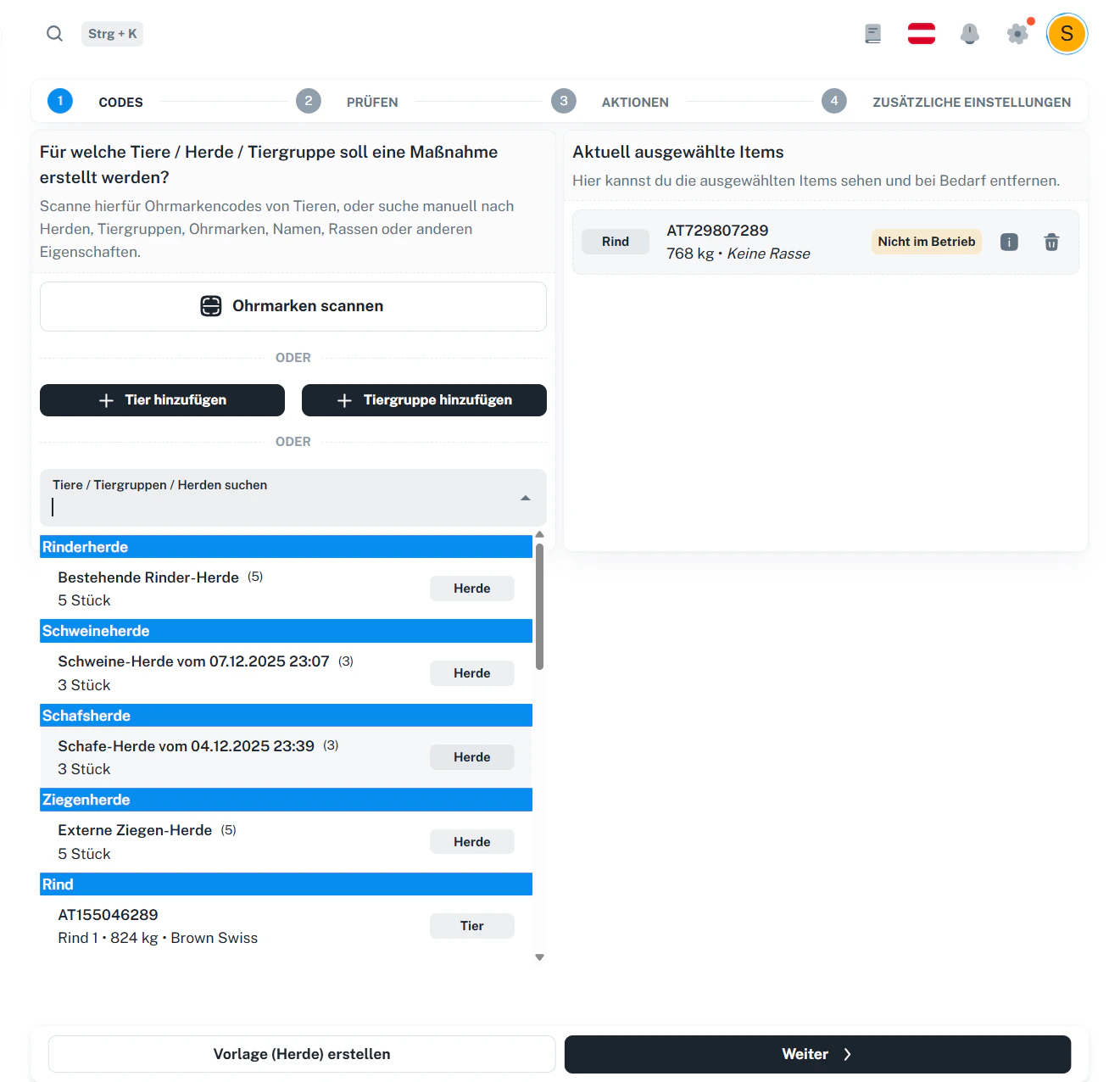Schritt 1 – Suche in Bestand / Tiergruppen / Herden