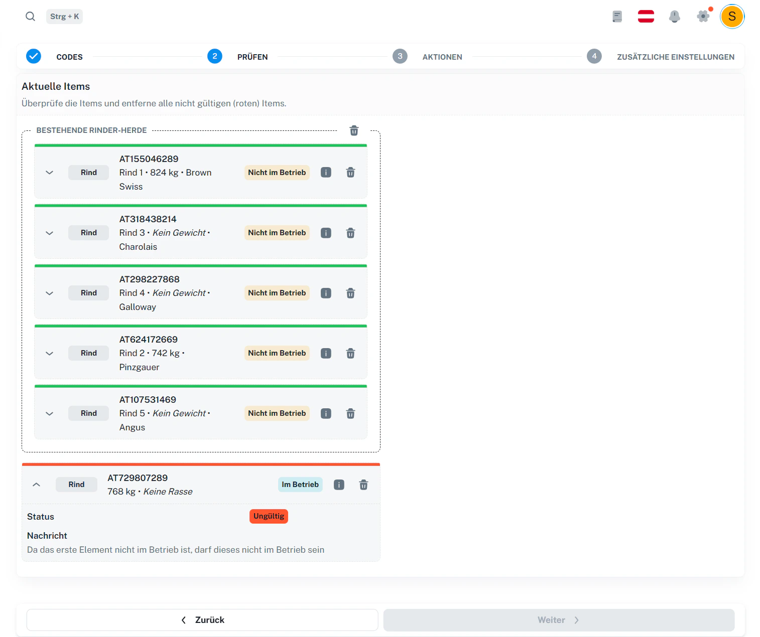 Schritt 2 – Prüfen (rote Einträge entfernen)