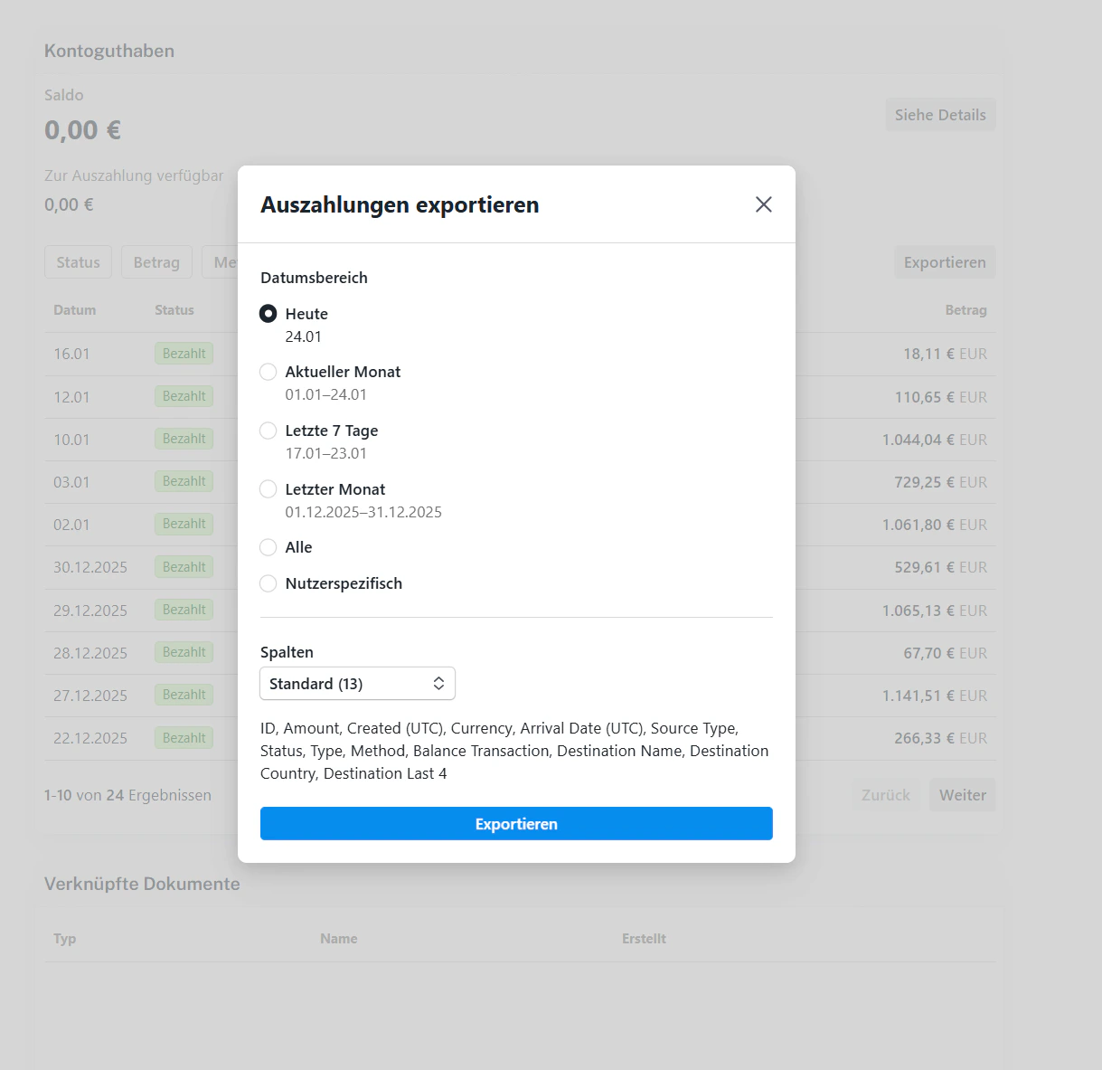 Auszahlungen exportieren – Datumsbereich und Spalten