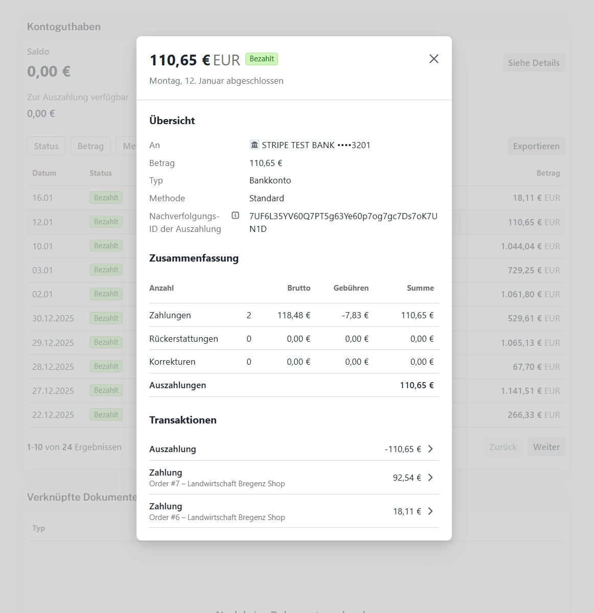 Auszahlung-Detailansicht nach Klick auf eine Tabellenzeile