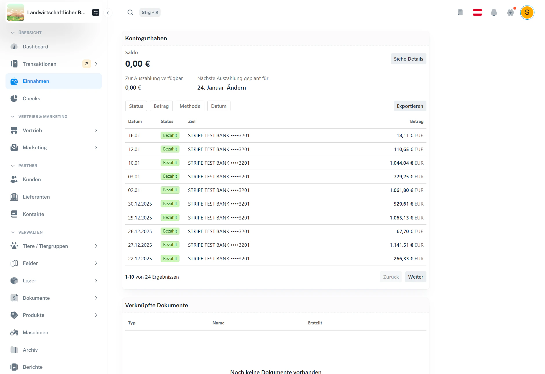 Einnahmen – Übersicht mit Auszahlungsliste