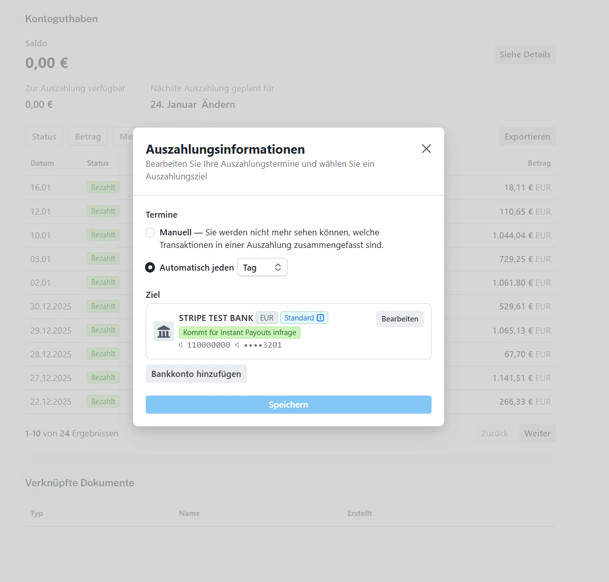 Auszahlungsinformationen – Termin und Zielkonto