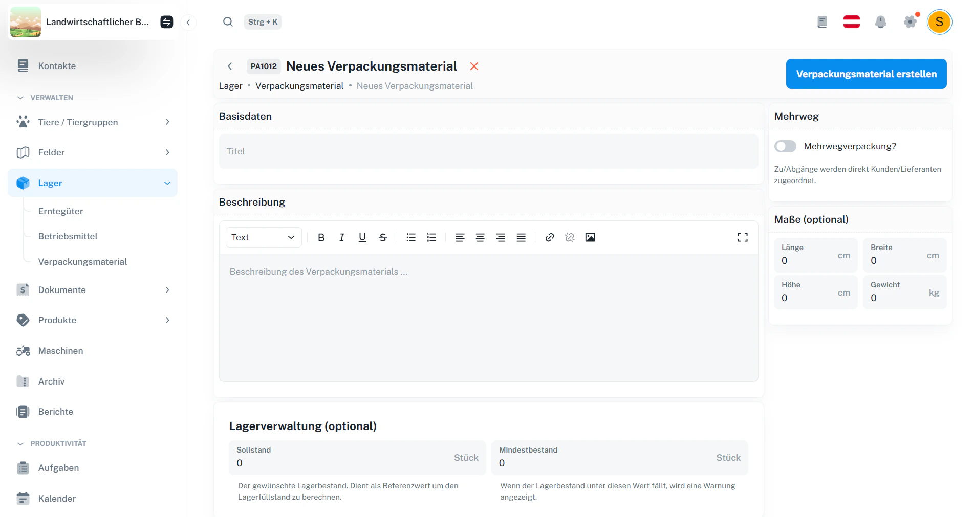 Neues Verpackungsmaterial erstellen