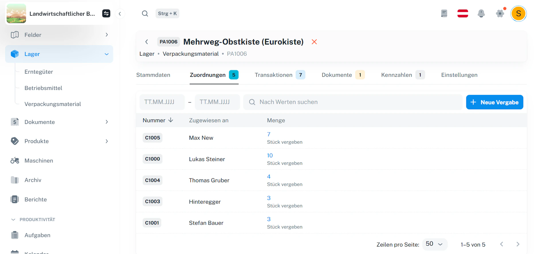 Verpackungsmaterial – Zuordnungen