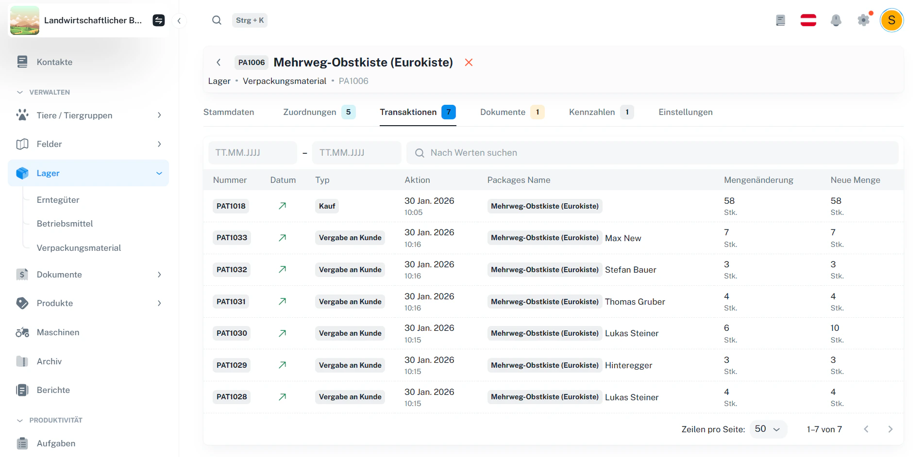 Verpackungsmaterial – Transaktionen