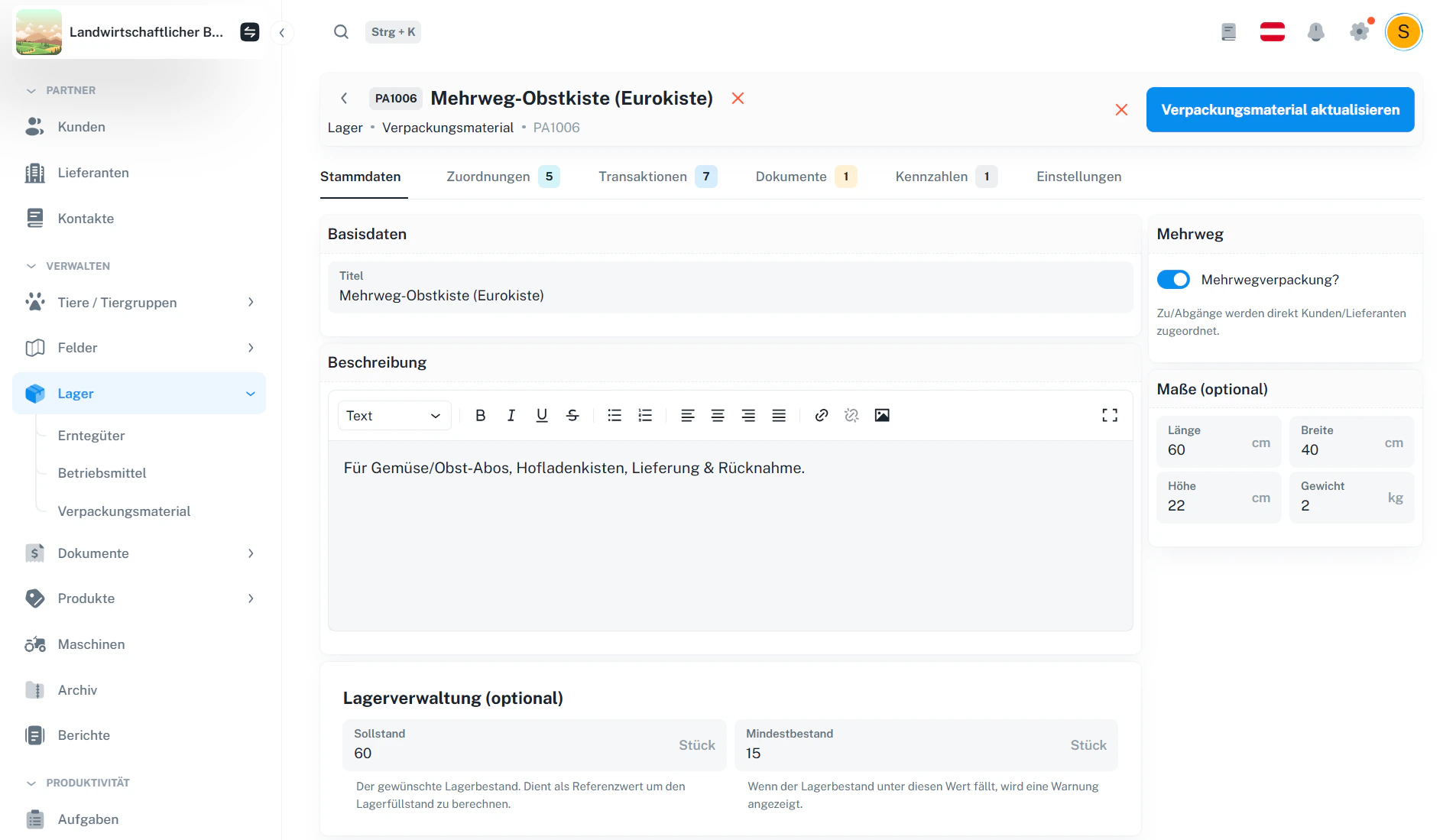 Verpackungsmaterial – Detail (Bearbeitung) mit Aktualisieren