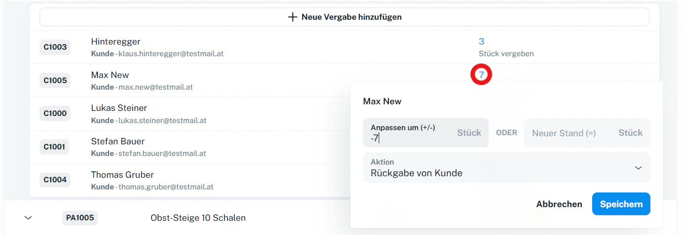 Vergabe/Rückgabe beim Kunden – Zuordnung ändern