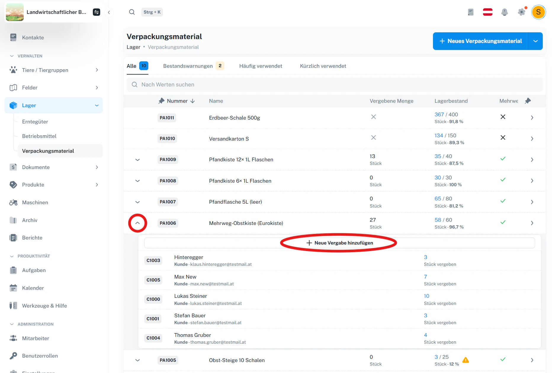Mehrweg-Artikel aufklappen – Vergaben pro Kunde/Lieferant