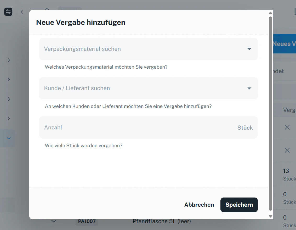 Neue Vergabe hinzufügen – Verpackungsmaterial, Kunde/Lieferant, Anzahl