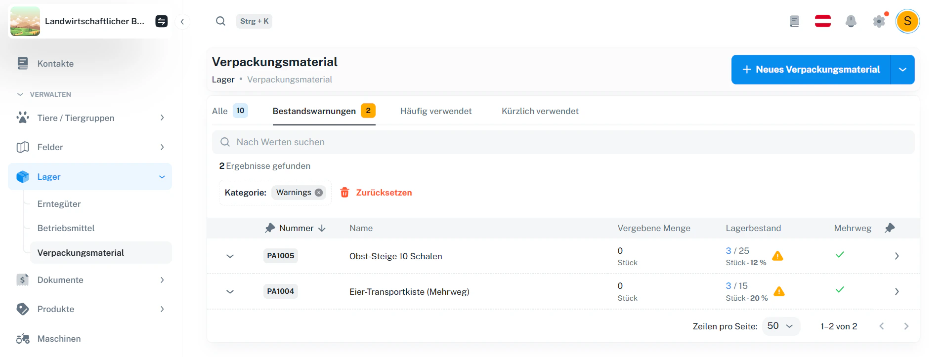 Verpackungsmaterial – Tabs und Bestandswarnungen