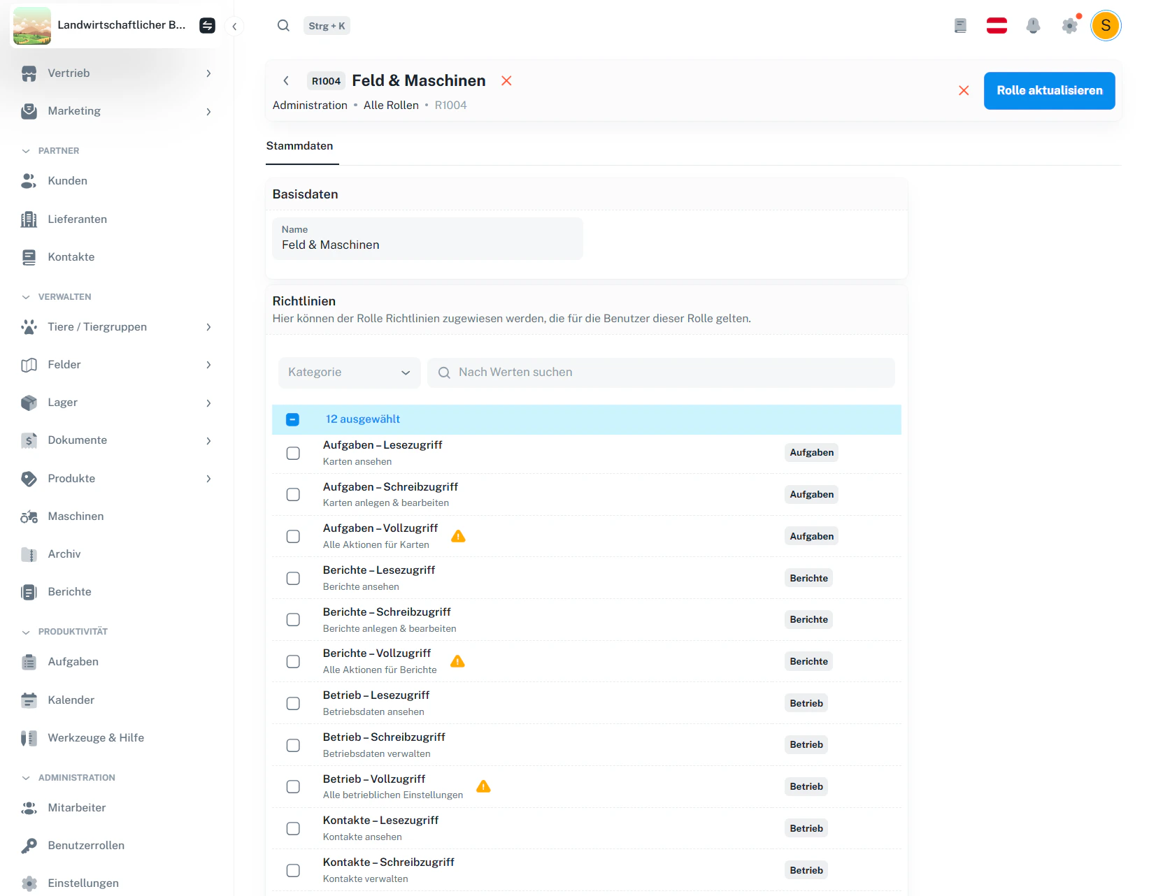 Rolle – Bearbeitungsmodus mit Speichern
